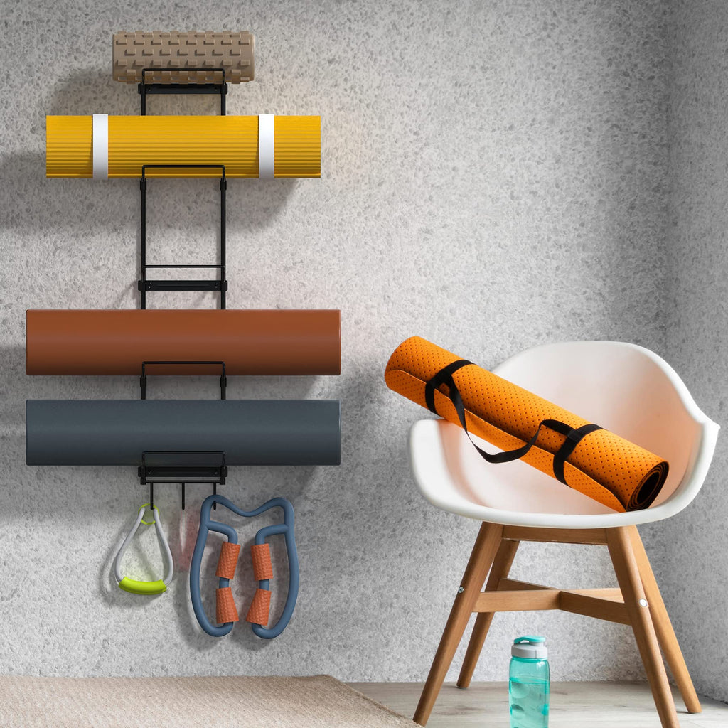 Yoga Mat Holder Wall Mount, Wall Rack Organizer, Storage Foam Roller And Block, With 5 Sectional And 3 Hooks For Hanging Yoga St