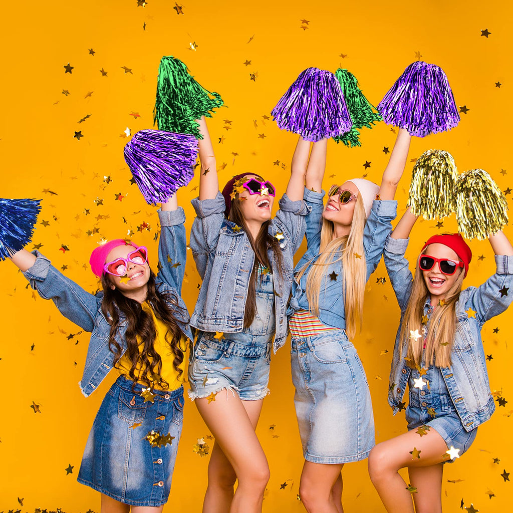 Dilibra 24 Pcs Metallic Cheerleading Pom Poms For Kids, Shiny Cheerleaders Cheer Pompoms With Baton Handle, Cheering Squad Hand
