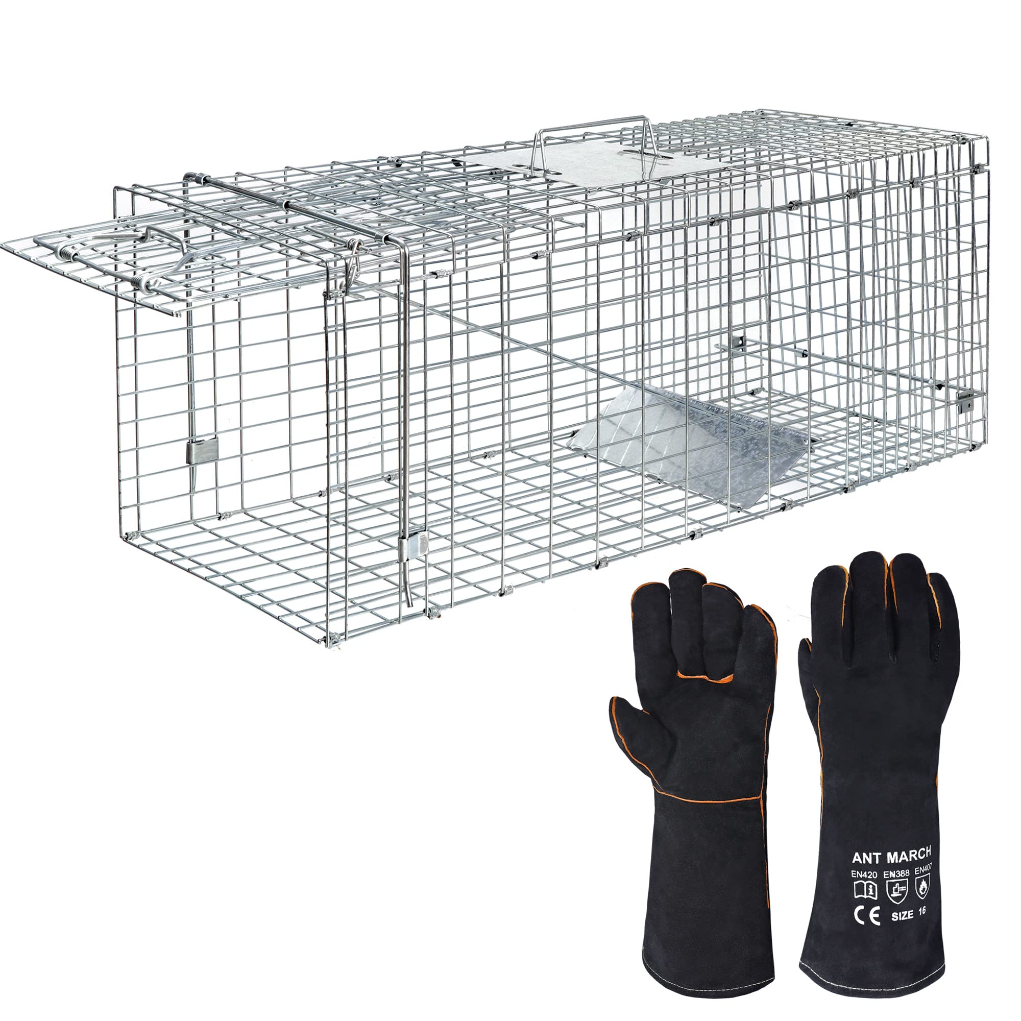 ANT MARCH Live Animal Cage Trap 32 ' 'x11.5 x13  Steel Humane Release Rodent Cage with Gloves for Rabbits, Stray Cat, Squirrel, 