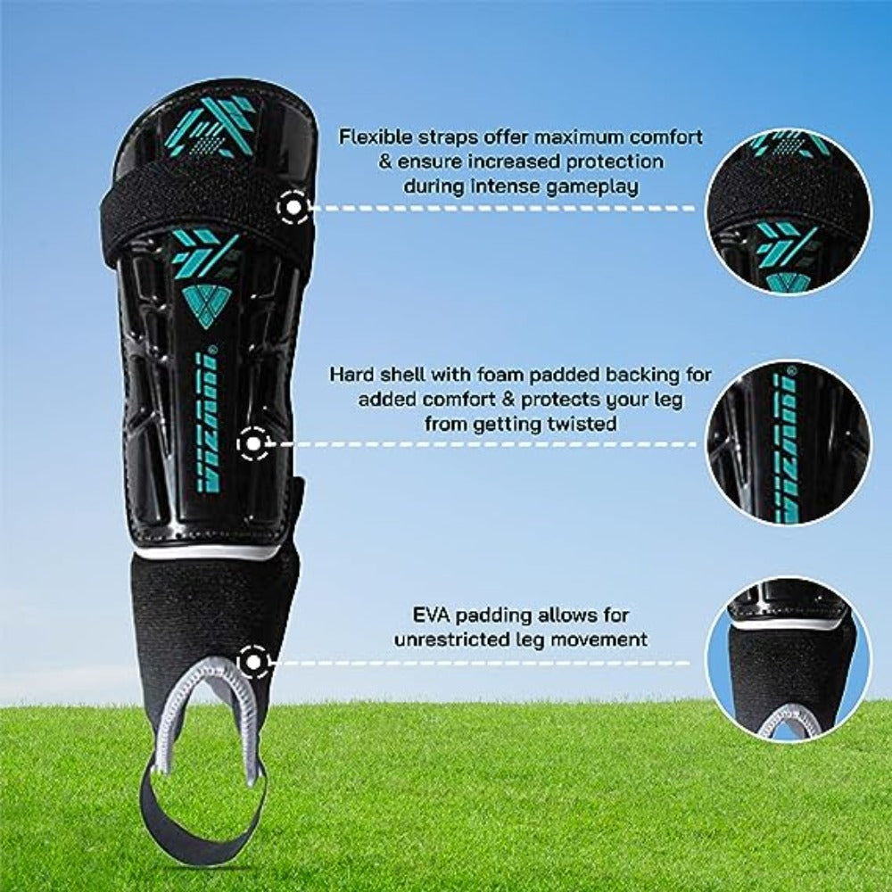 Malaga Soccer Shin Guard with Adjustable Straps-Black/Teal - Vizari Sports