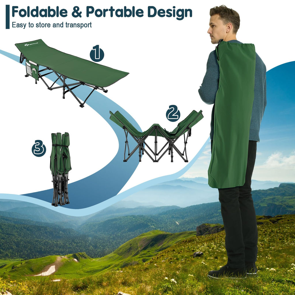 Goplus Folding Camping Cot, 27.5'' Sleeping Cot For Adults With Carry Bag, 600Lbs Weight Capacity, Slanted Head, Side Pocket, He