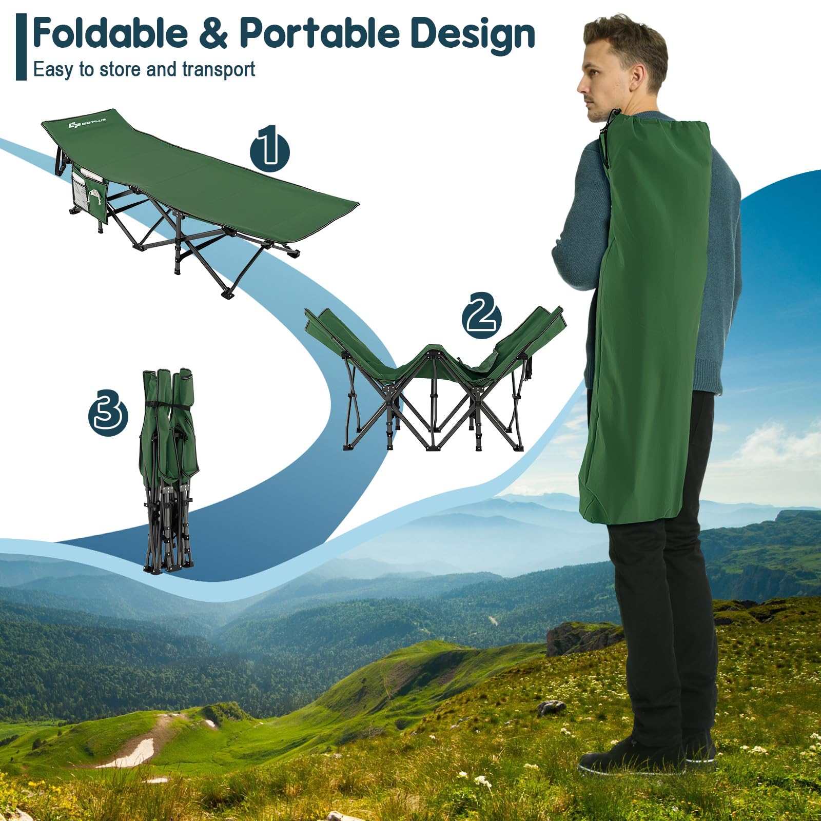 Goplus Folding Camping Cot, 27.5'' Sleeping Cot For Adults With Carry Bag, 600Lbs Weight Capacity, Slanted Head, Side Pocket, He