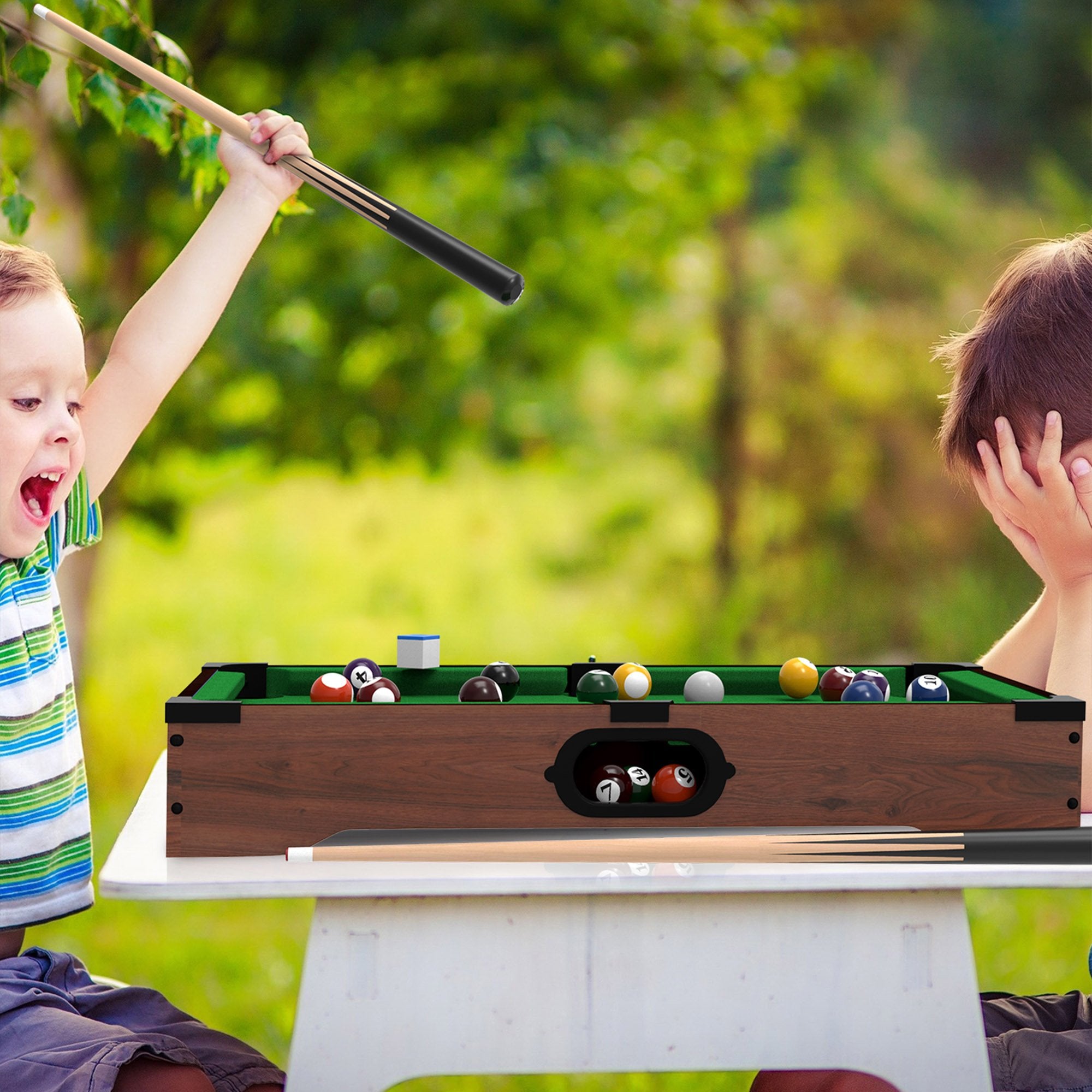 Hey! Play! Mini Tabletop Pool Set- Billiards Game Includes Game Balls, Sticks, Chalk, Brush And Triangle-Portable And Fun For Th