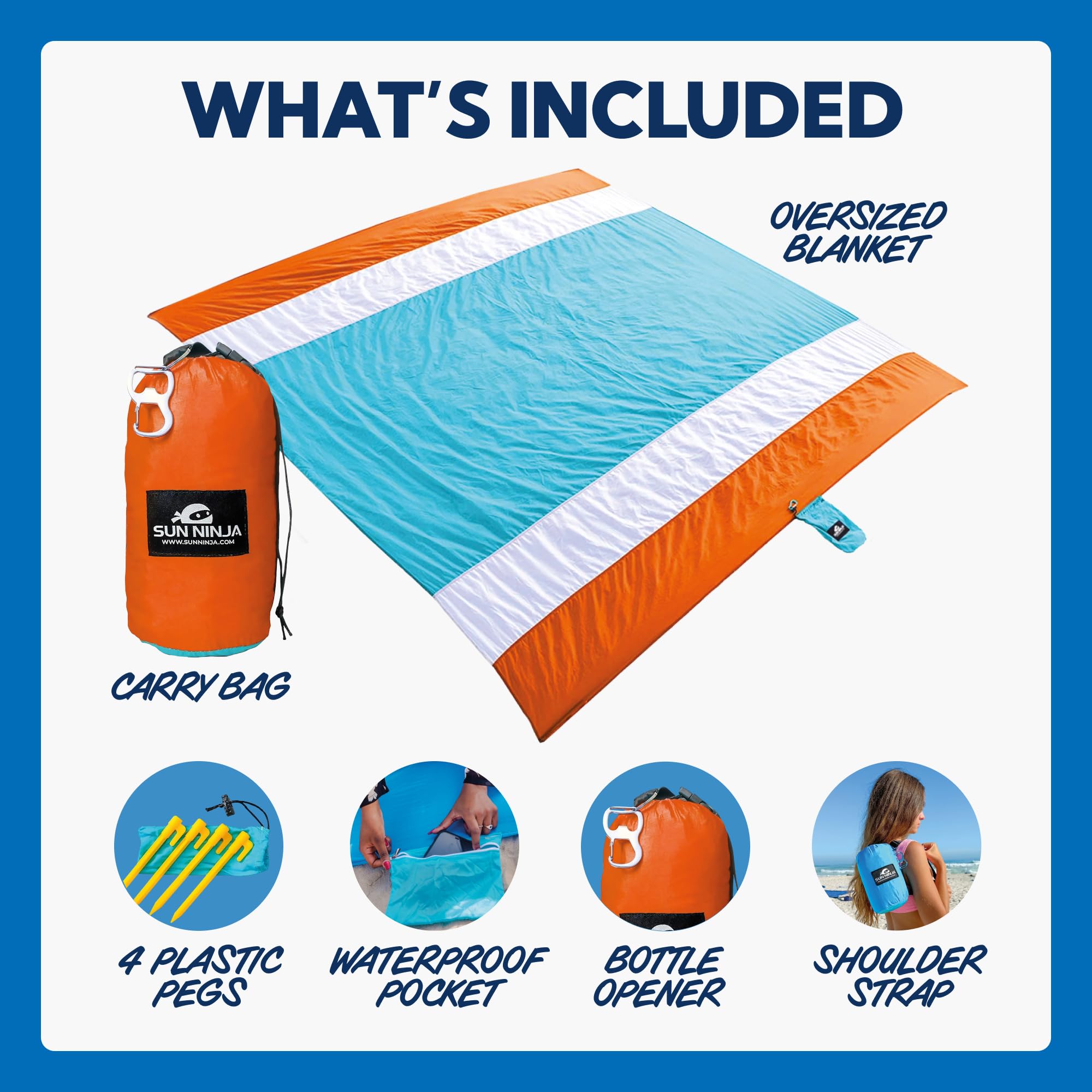 Sun Ninja Sand Free Beach Blanket - Outdoor Blanket, Beach Mat & Accessories - 10Ft X 9Ft Lightweight Blanket With Storage, Bott
