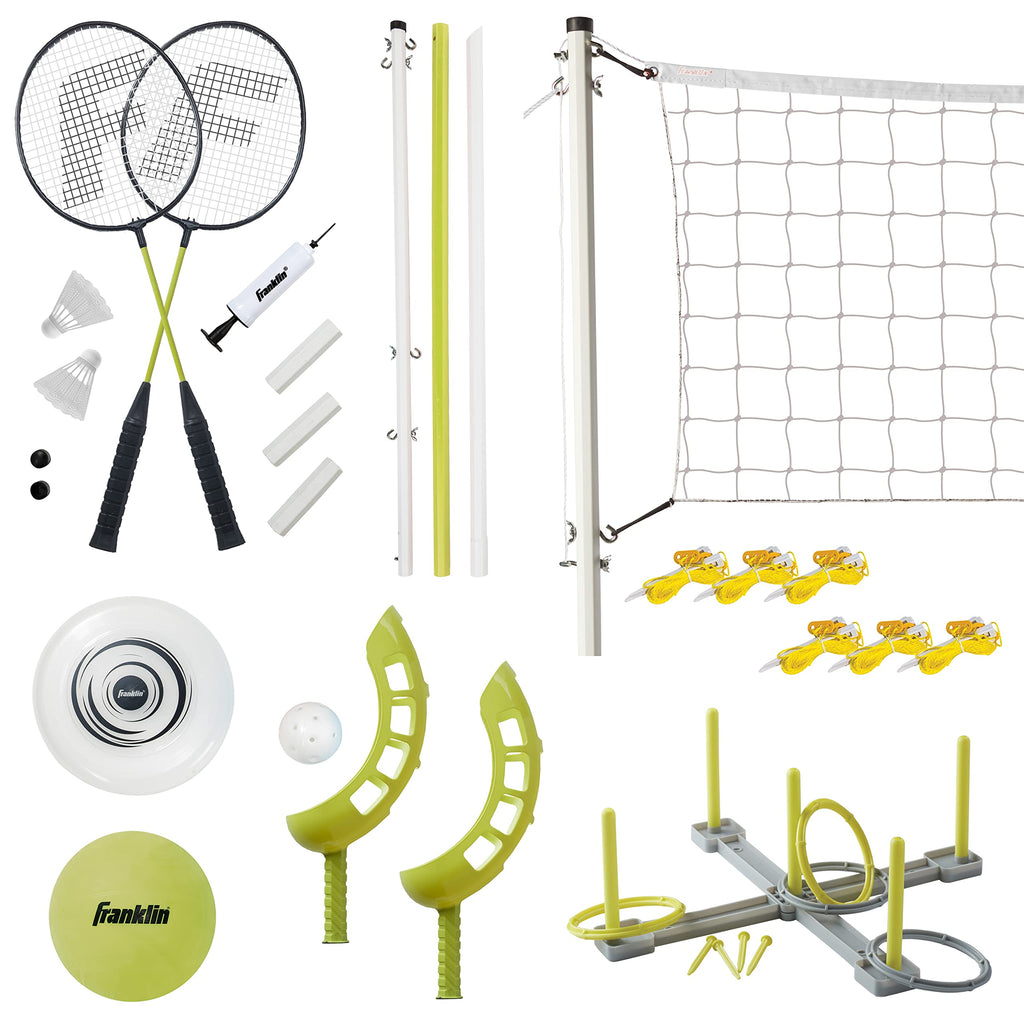 Franklin Sports Fun 5 Combo Outdoor Game Set - Backyard, Beach + Camping Games For Kids - Badminton, Volleyball, Flip Toss, Flyi