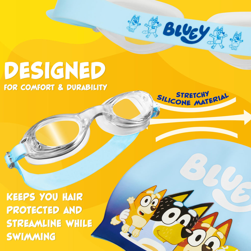 Bluey Kids Swim Goggles And Swim Cap Set Anti-Fog Uv Protection