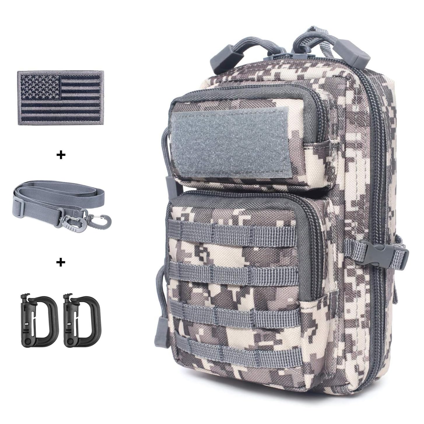 Tactical Molle Pouch Compact EDC Tool Pouch Bag Mini Utility Pouch with US Flag Patch, Shoulder Strap & Two D-Rings (ACU)