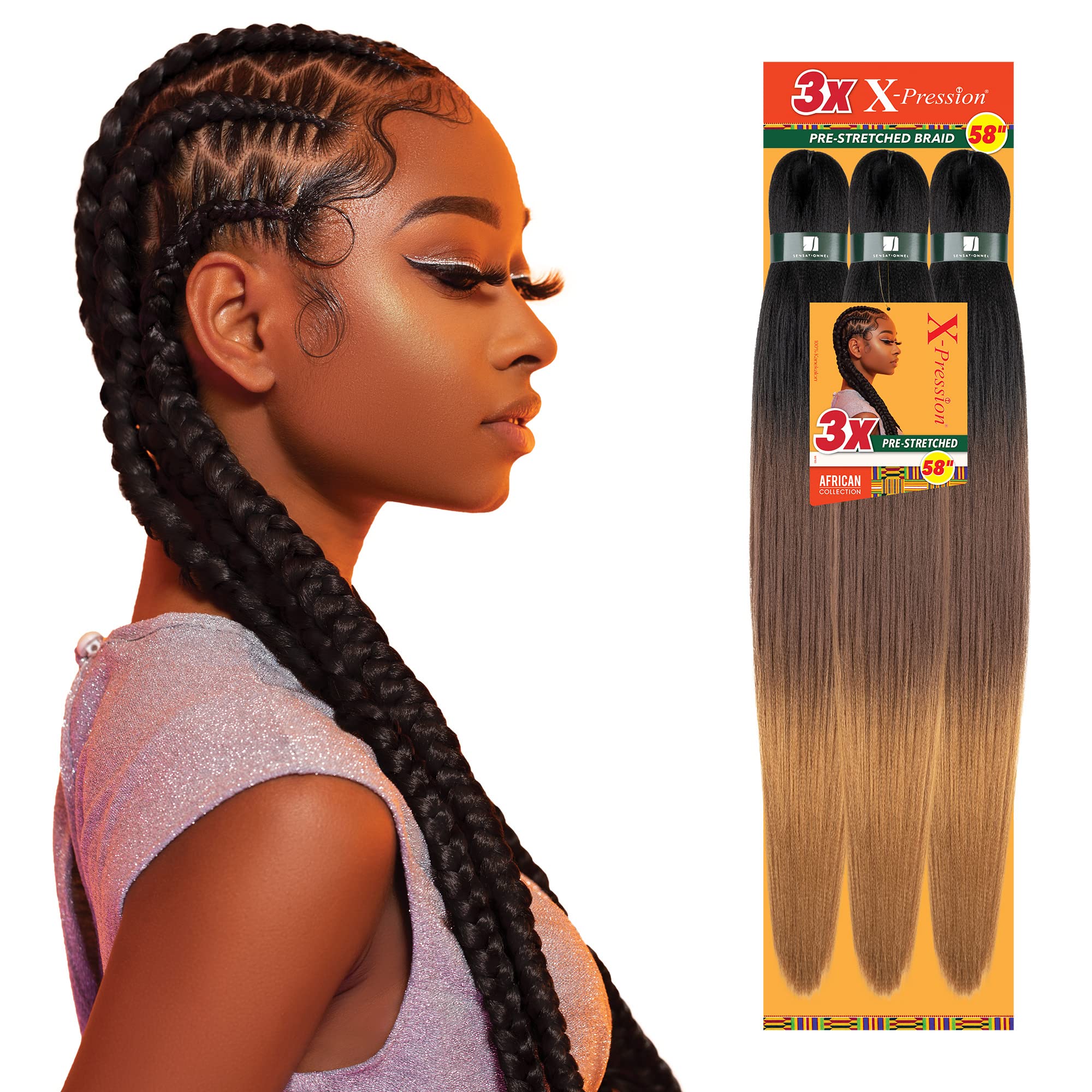 Sensationnel X-Pression Prestretched Braiding Hair - Kanekalon Flame Retardant Smooth Yaki Braid Hair Extension 3X 58 Inch (1 Pa