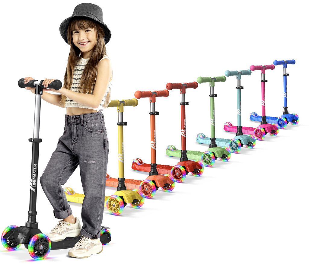 Lifemaster Mini 3-Wheel Kids Scooter with Multi-Color Wheel Lights - 4-Height Adjustable Handlebar, Wide Anti-Slip Deck, Child S