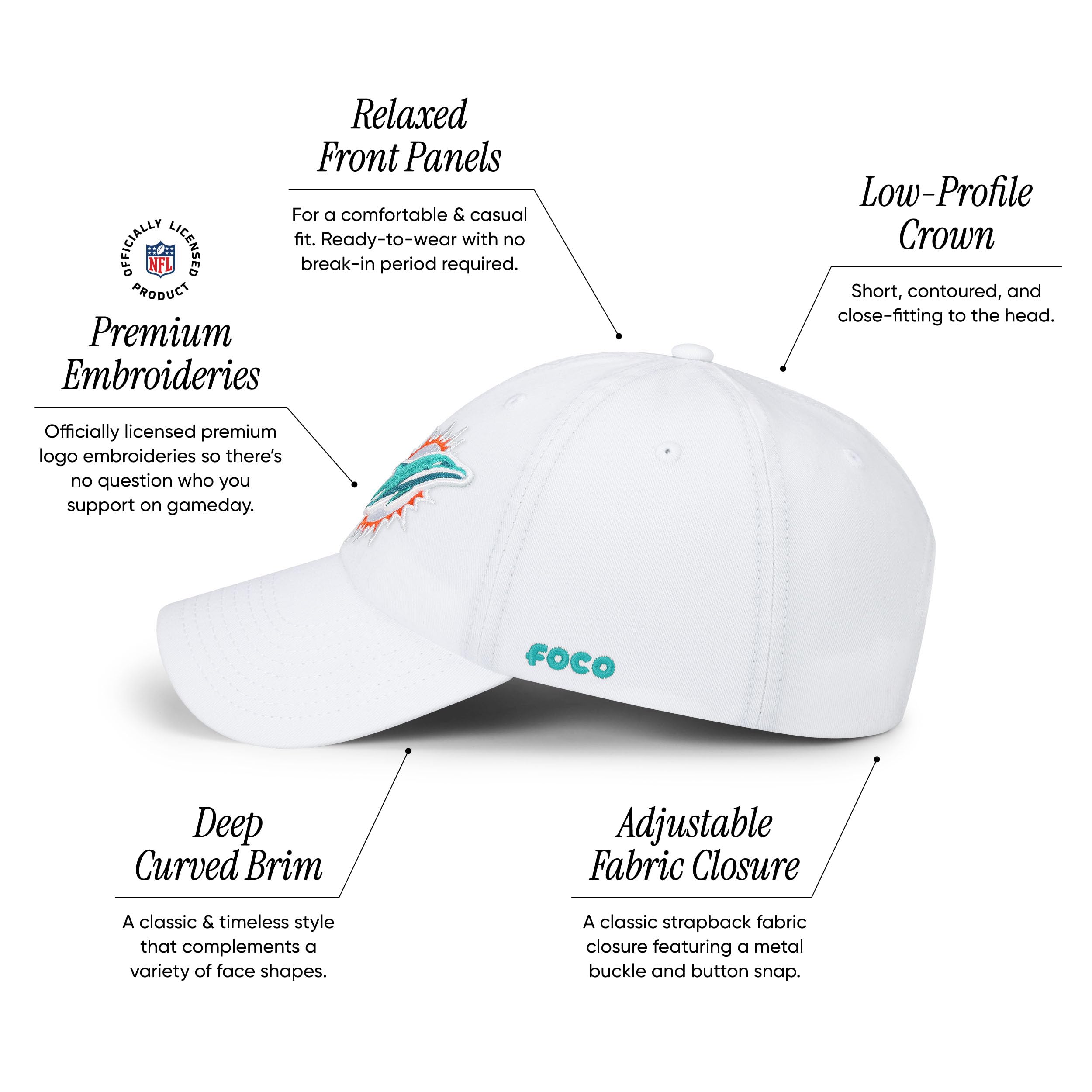 Foco Men'S Miami Dolphins-White Cap Nfl Logo Casual Hat, Team Color