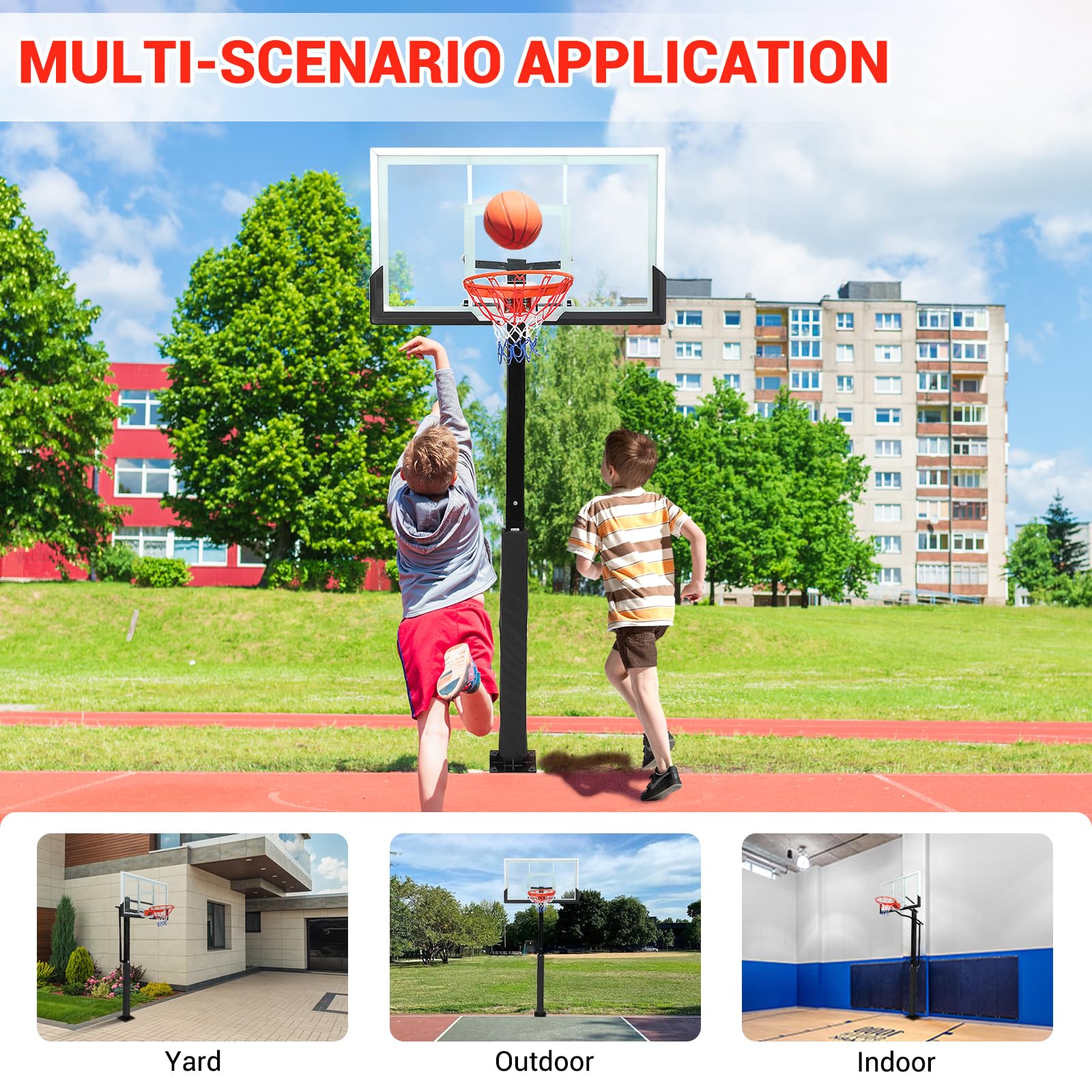 Basketball Hoop Outdoor In Ground with Anti-Collision Foam, 55 Shatterproof Quick Adjustable 8-10ft Basketball Hoop Inground wit