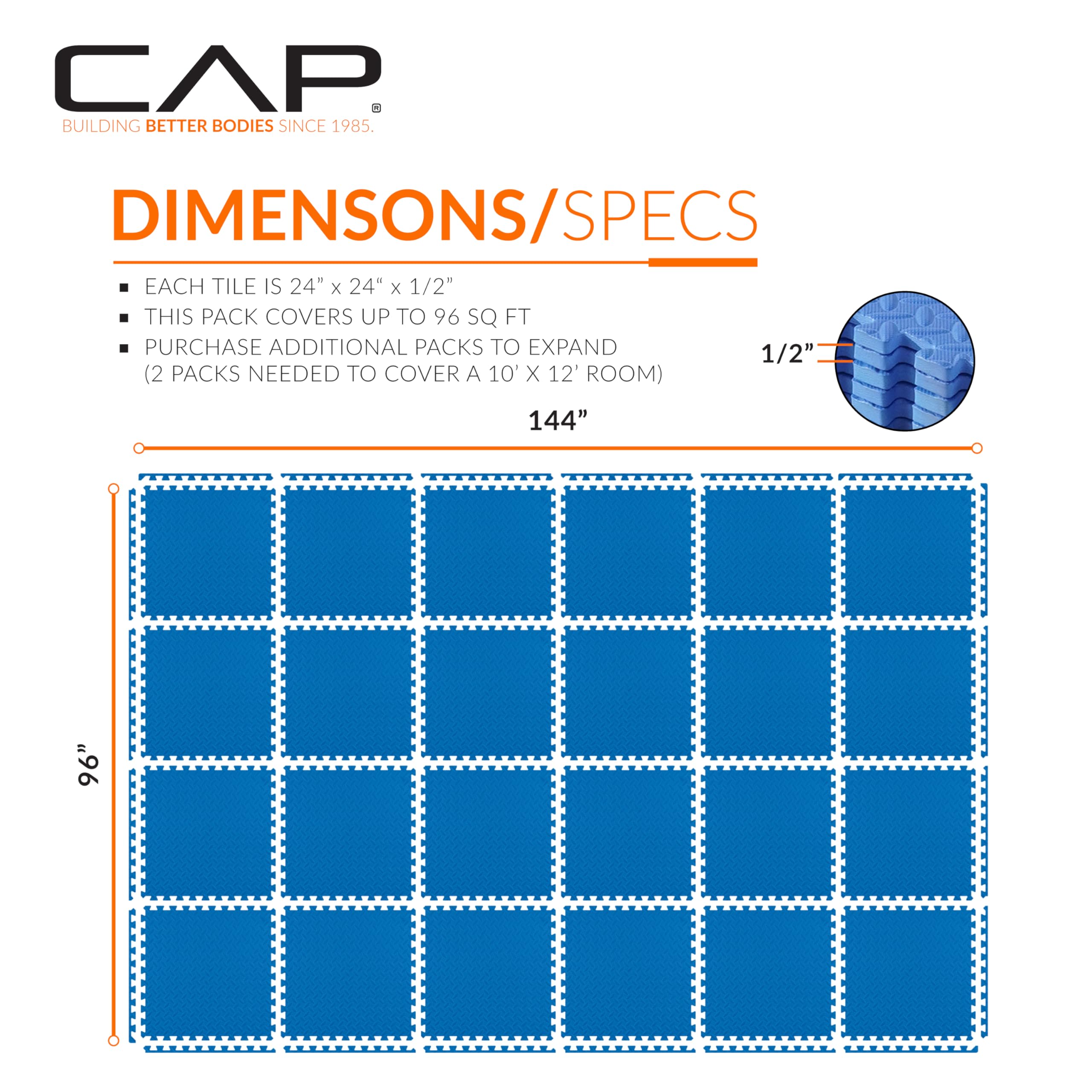 Cap Barbell 1/2-Inch Interlocking Eva Foam Exercise Puzzle Mats - 4 Pack | 24'' X 24'' X 1/2'' | Diamond Pattern - Blue
