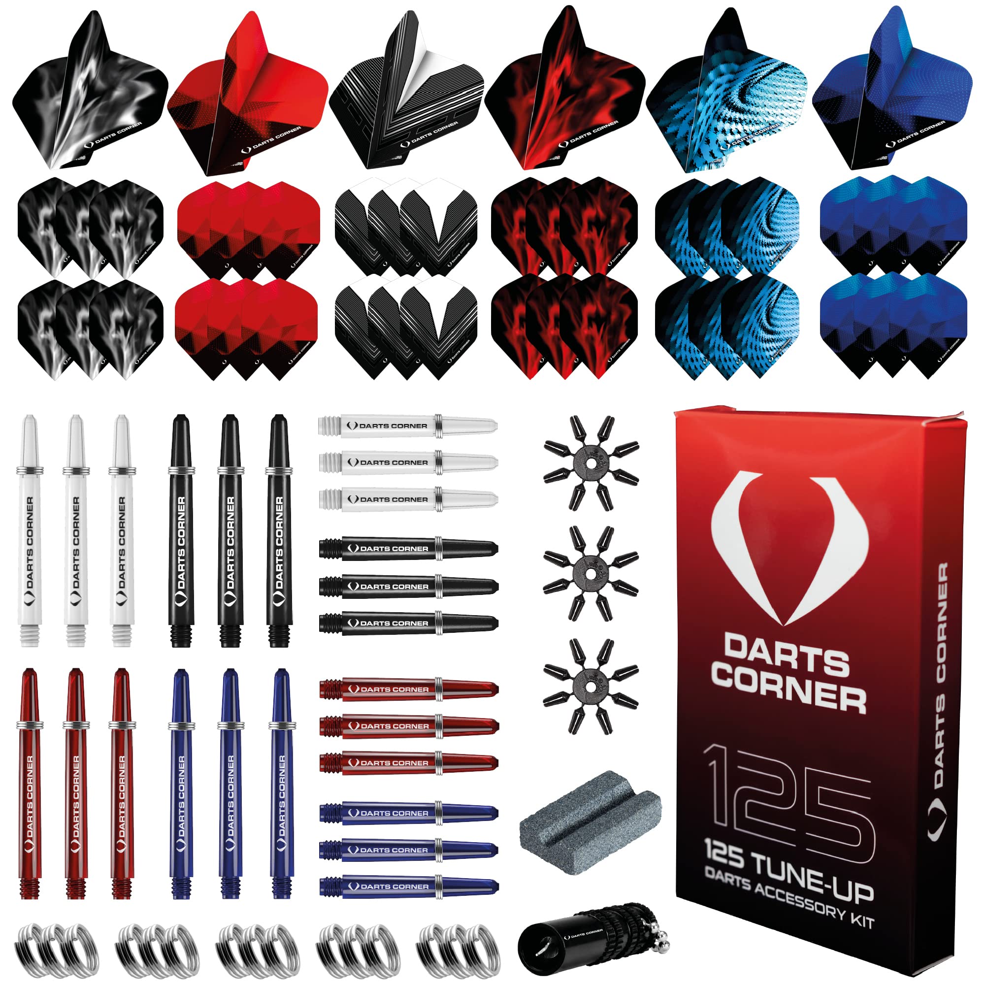 Darts Corner Bx228 Tune Up Kit | 125Pc Accessory Pack Including 24 Shafts, 36 Flights, Point Protectors, Shaft Springs, Broken S
