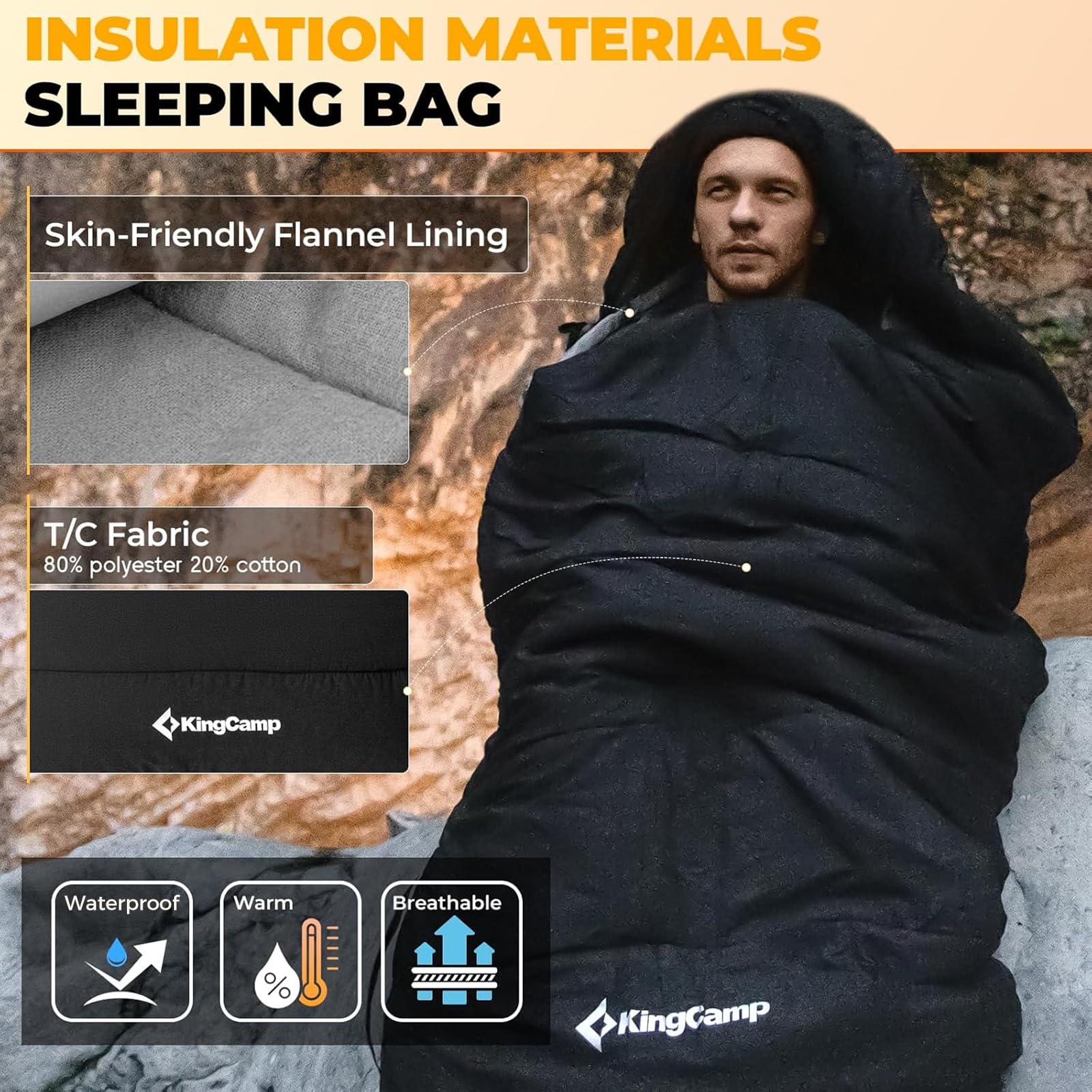 King Camp 3 In 1 Flannel Sleeping Bag For Adults, 3-4 Season Warm&Cold Weather Sleeping Bags, Washable Inner Lining, Large, Ligh