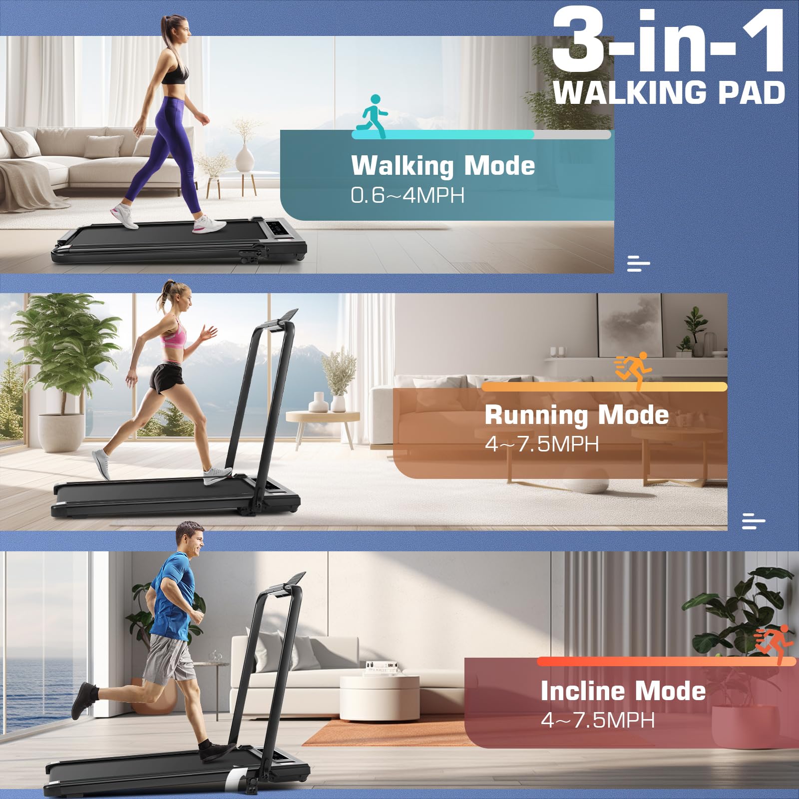 Under Desk Treadmill With Incline, 300Lbs Walking Pad With Handle Bar& Remote Control, 2.5Hp Folding Treadmill For Home/Office,