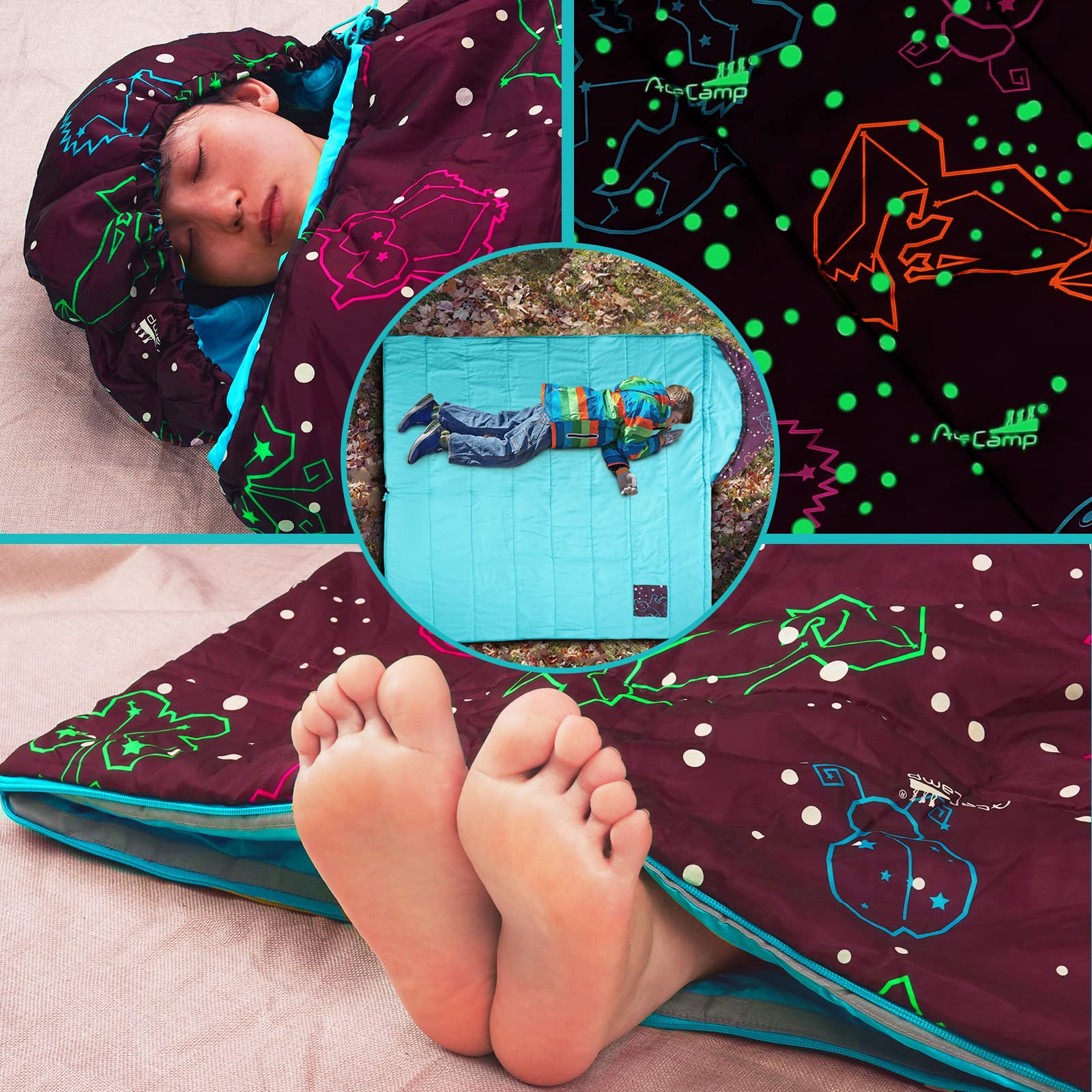 Acecamp 3 Seaons Sleeping Bags For Kids Boys And Girls, Glowing In The Dark, Lightweight, Perfect For Slumber Parties, Camping A