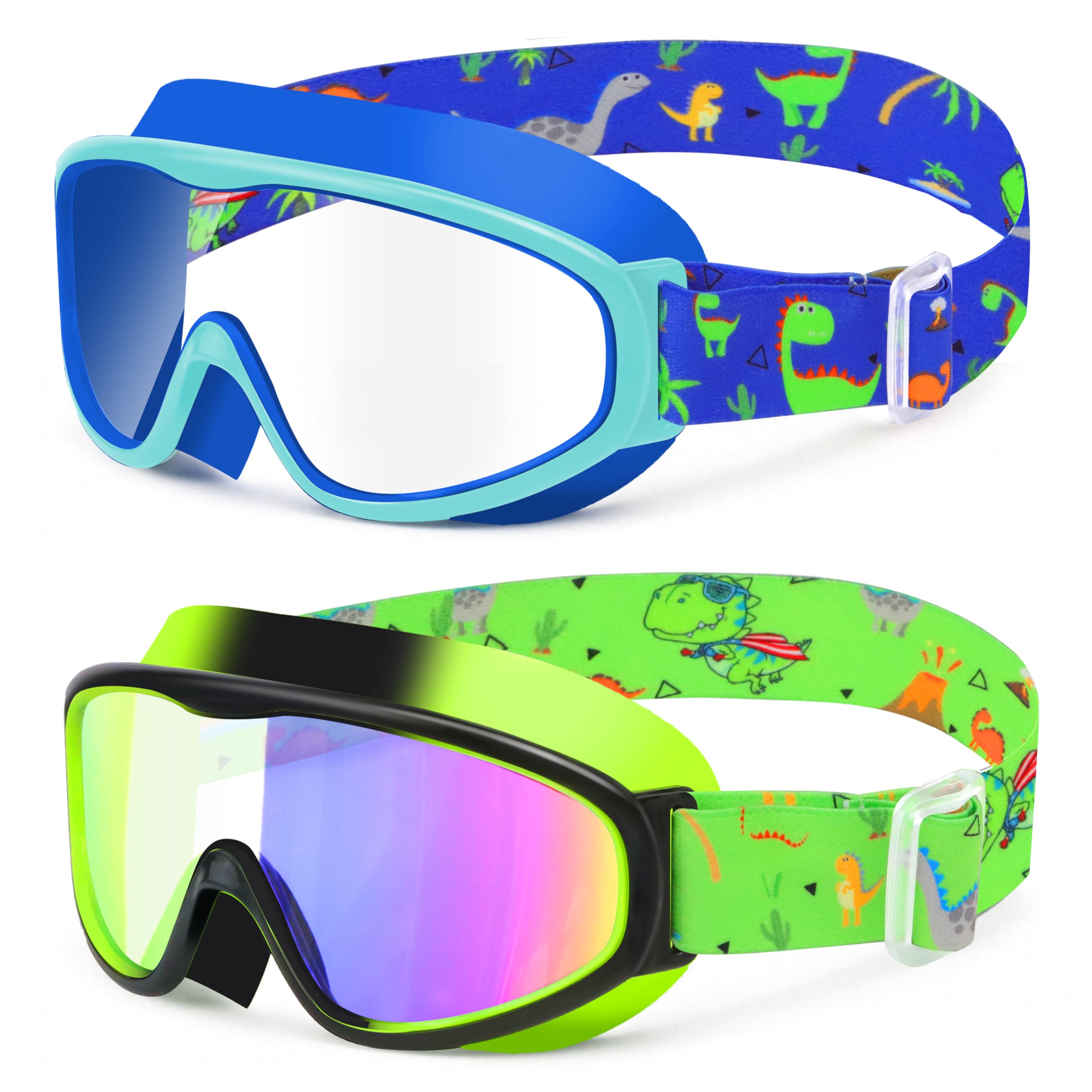 Vvinca Kids Swim Goggles 2 Pack, Cartoon Fabric Strap No Hair Pulling Swimming Goggles for Boys Girls 3-12, Anti-Fog Waterproof 