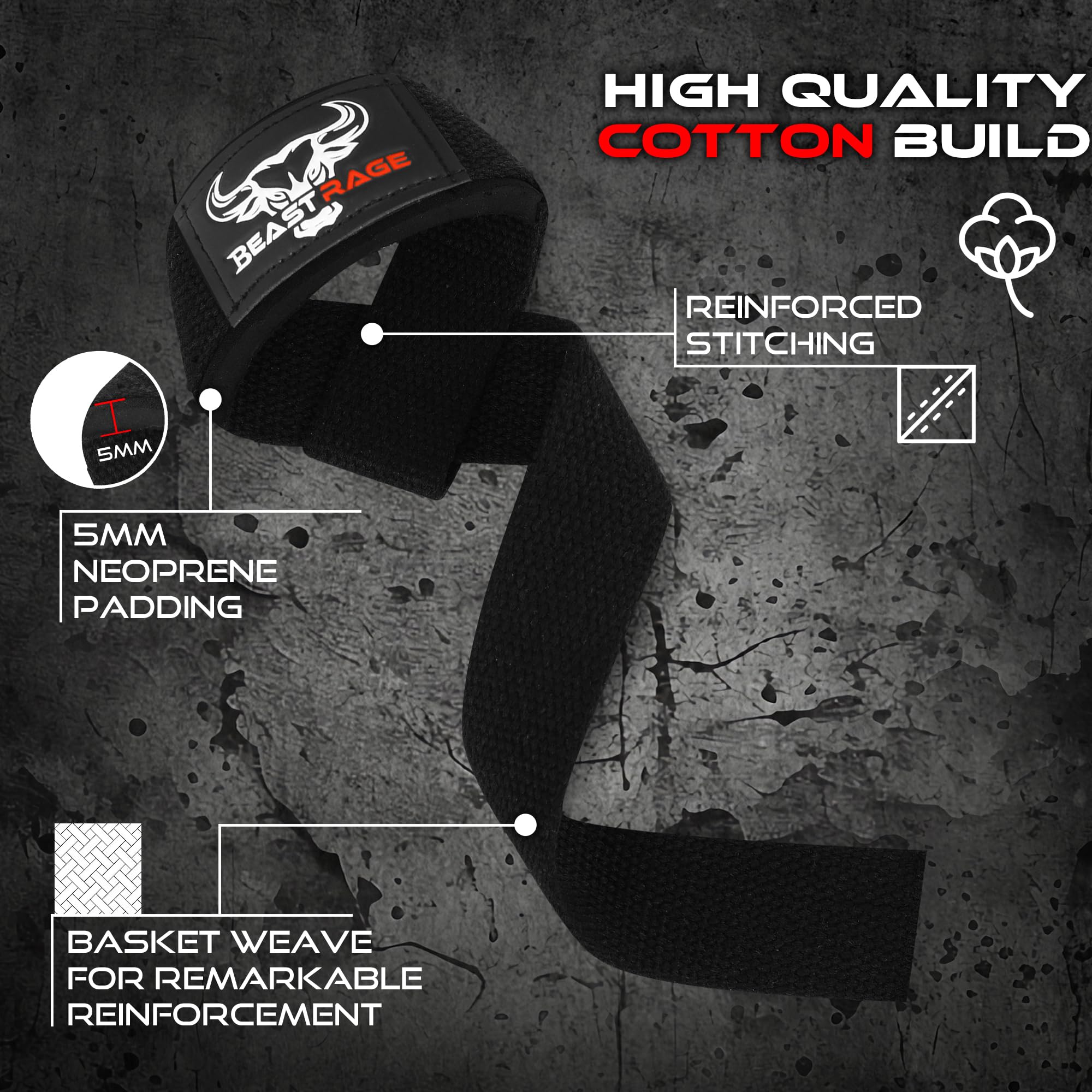 Beast Rage Lifting Straps For Weightlifting, Weight Lifting Straps Gym Power Workouts Lifting Wrist Straps Padded Cotton Men Wom