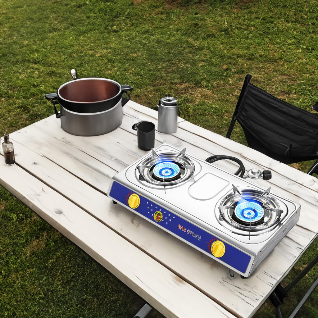Vivicreate 25000 Btu 2 Burner Stainless Steel Panel Auto Ignition Camping Propane Gas Outdoor Garden Garden Fishing Hiking Camp