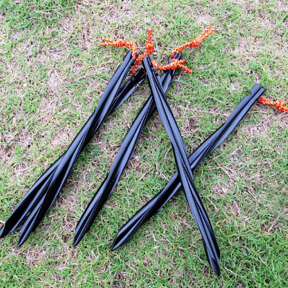Azarxis Aluminum Tent Stakes Pegs Heavy Duty Lightweight For Camping Sand - 10 Pack (Black - Spiral - 9.84 Inches)