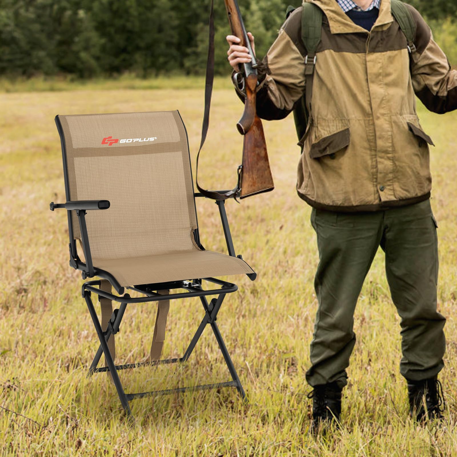 Goplus Hunting Chair, 360 Swivel Folding Hunting Blind Chair With Carrying Strap, 330Lbs Capacity, Portable Deer Hunting Stool,