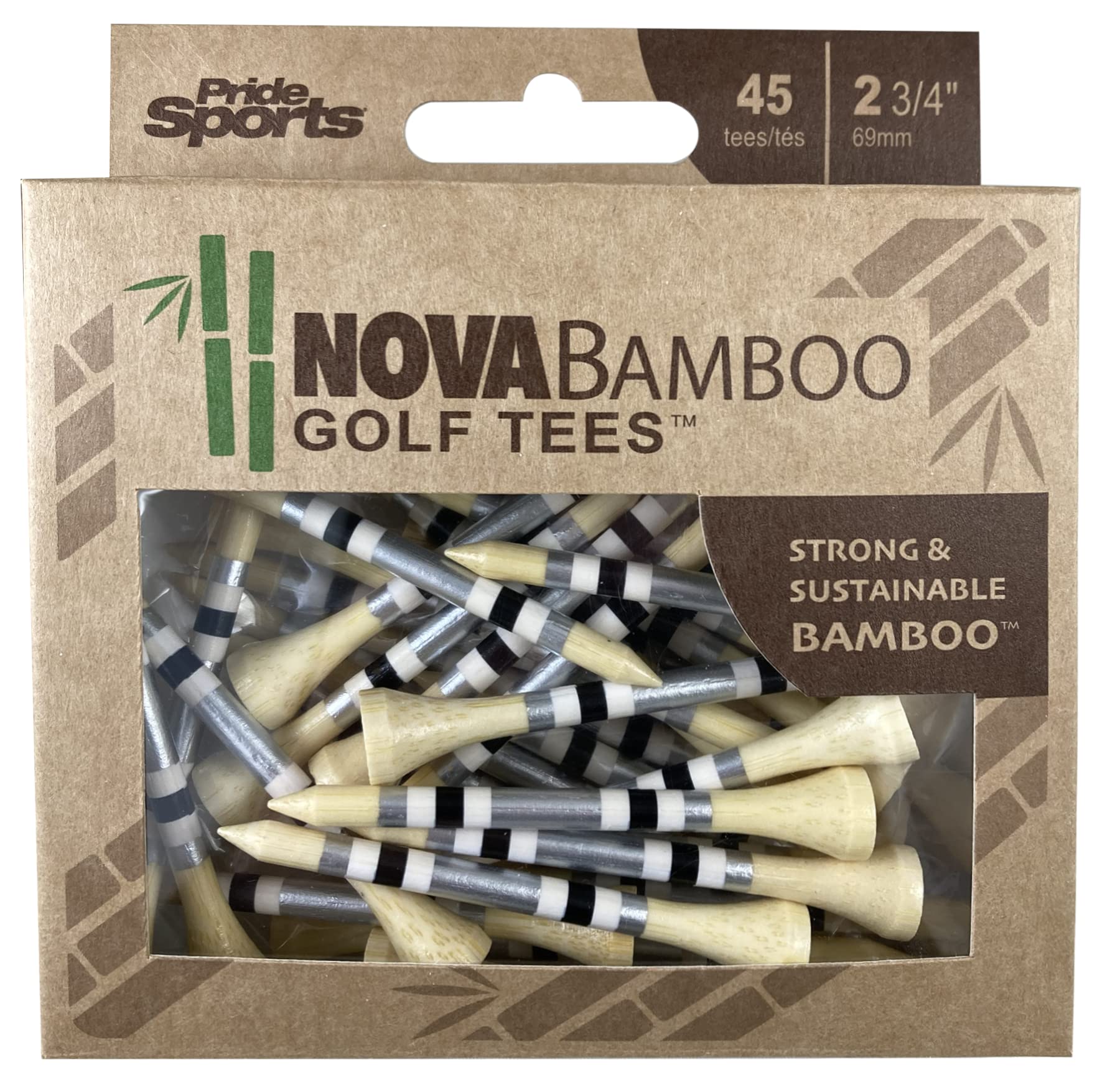 PrideSports Nova Bamboo Golf Tees - 45 Count, 2-3/4 Inch - Silver/White/Black - Striped for Consistency