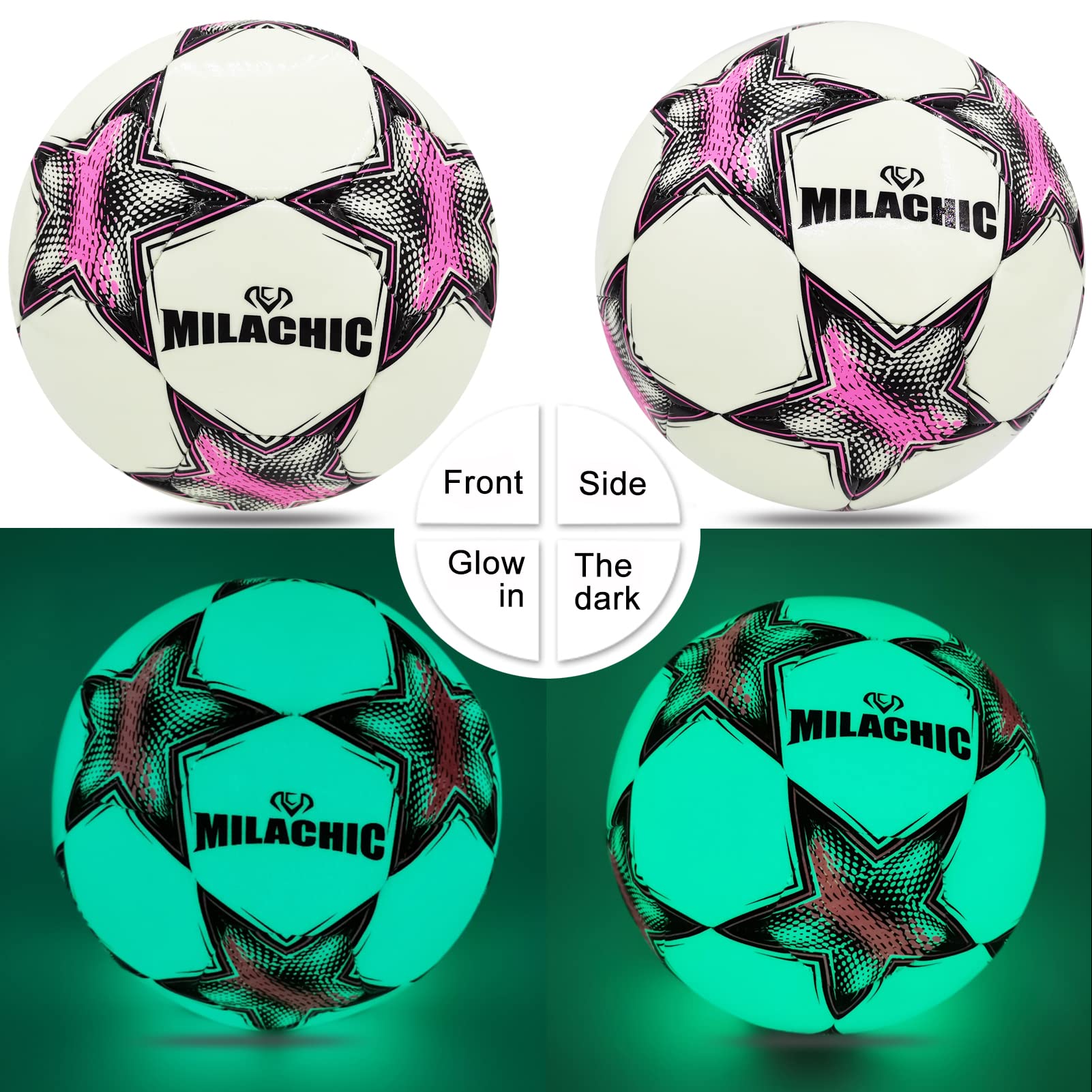 Milachic Soccer Ball Glow In The Dark Size 4 Soccer Ball, Holographic Glowing Light Up Soccer Ball With Pump For Girls Boys Yout