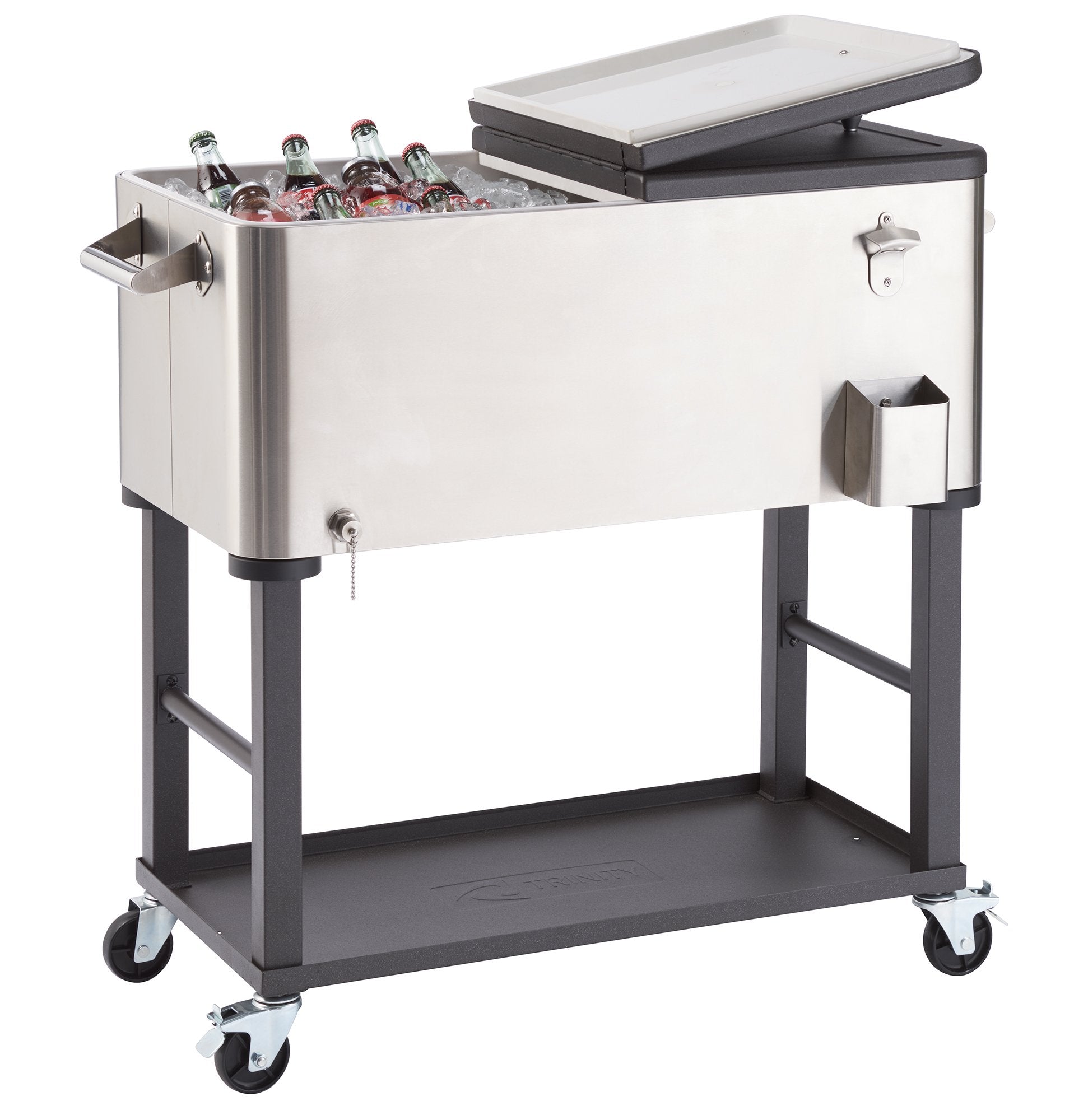 Trinity Stainless Steel Beverage Cooler And Ice Chest With Wheels And Built-In Bottle Opener, Rolling Cart With Shelf For Patio,