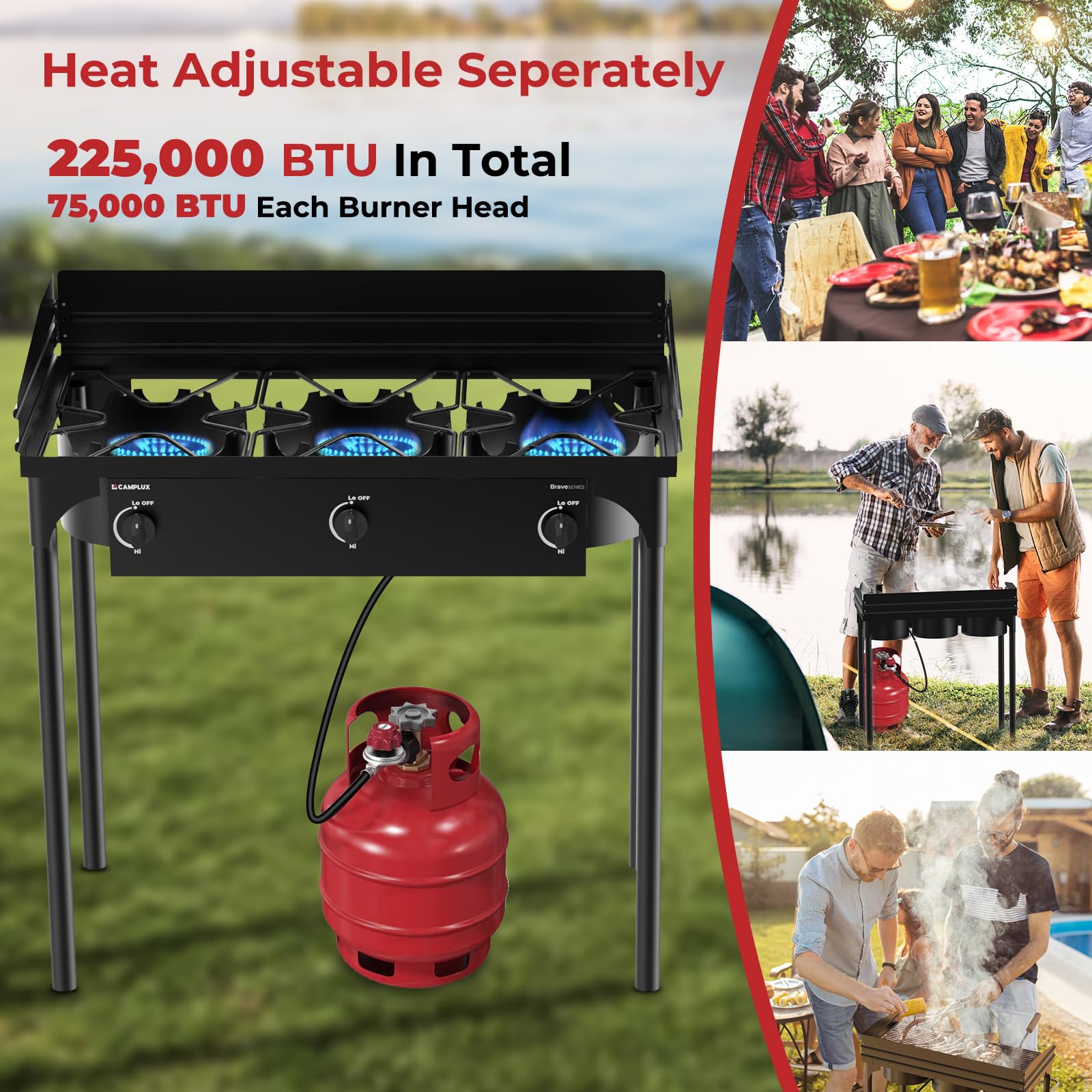 Camplux 3 Burner Camping Stove For Outdoor Cooking, 225,000 Btu Propane Outdoor Stove With Detachable Stand Legs And Windshield,