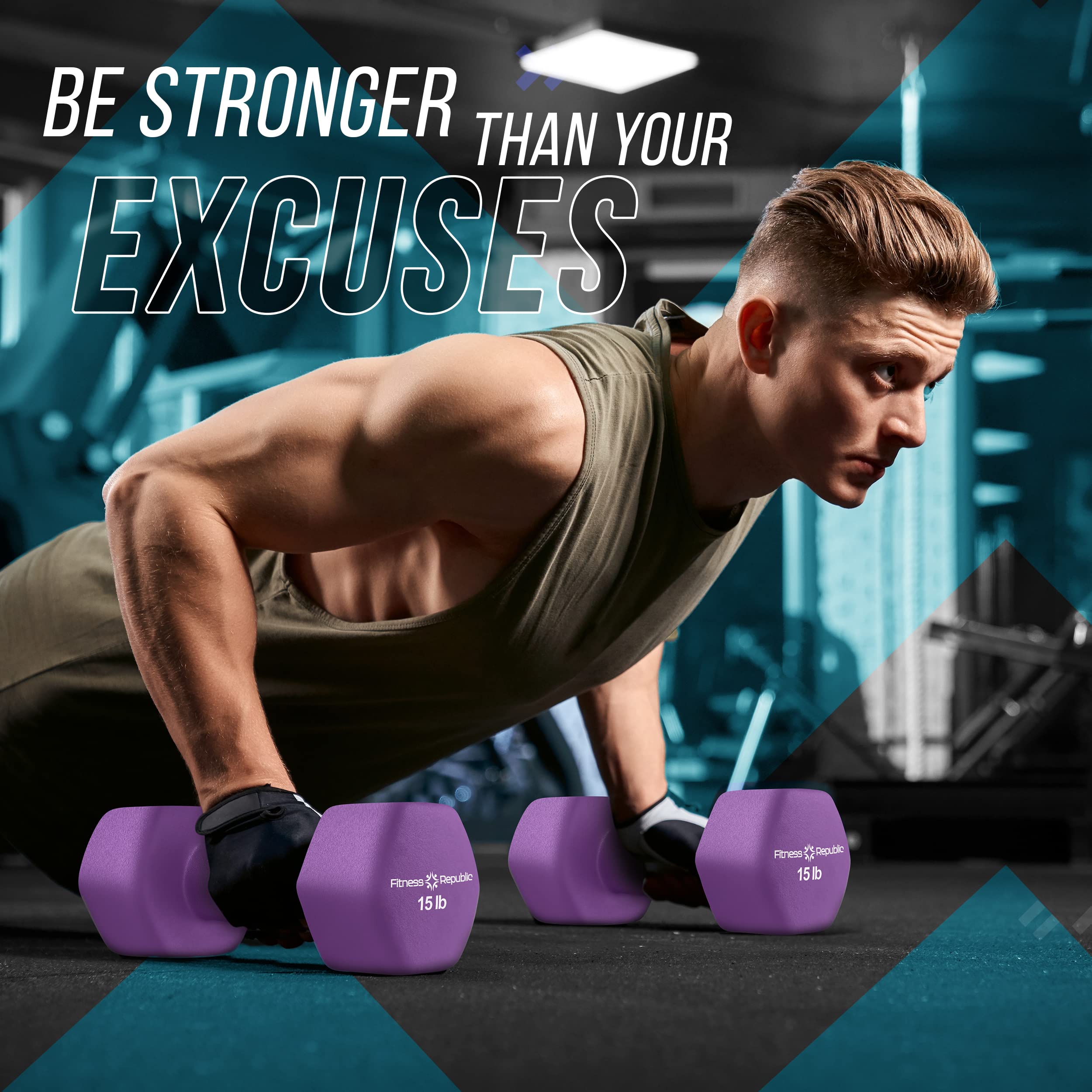 Fitness Republic 15Lb Neoprene Workout Dumbbells Set Of 2 - Non Slip, Anti Roll Exercise & Fitness Dumbbells - Hex Shaped Hand W