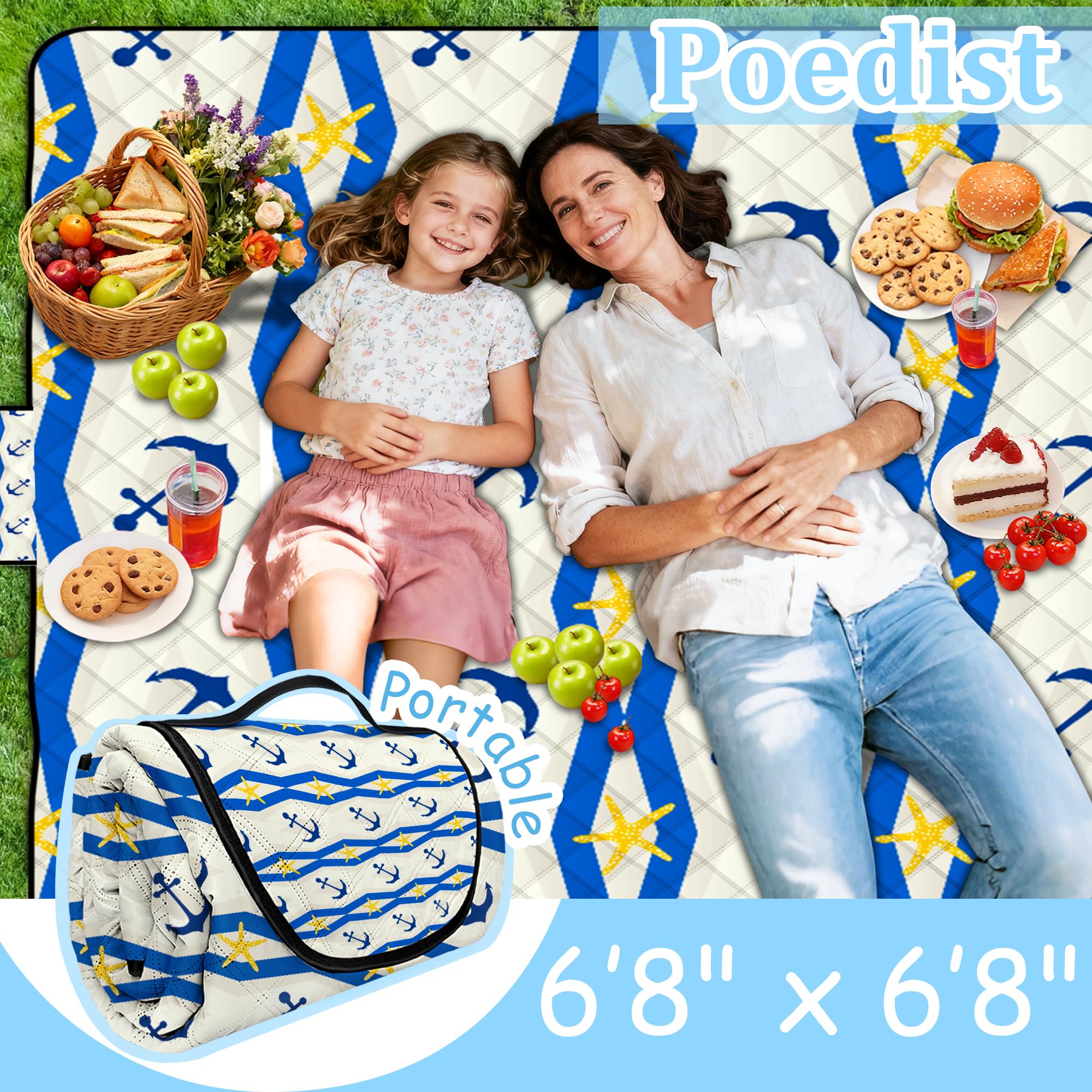 Poedist Extra Large Picnic Blanket Waterproof,80X 80Foldable Machine Washable Beach Blanket,Outdoor Blanket For 6-8 Adults,Suita