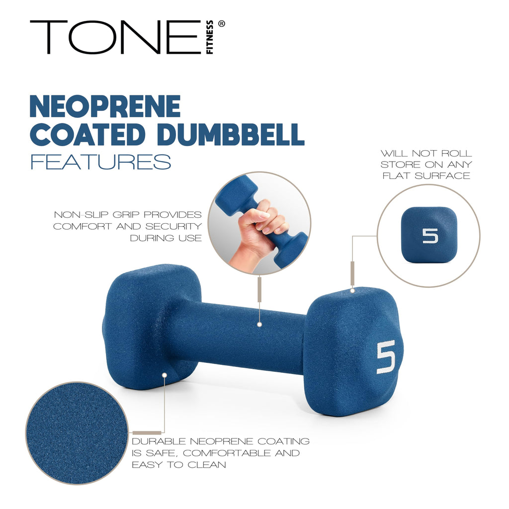 Tone Fitness 5 lb Neoprene Dumbbell Pair for Home Workouts - Non-Slip Design - Gray