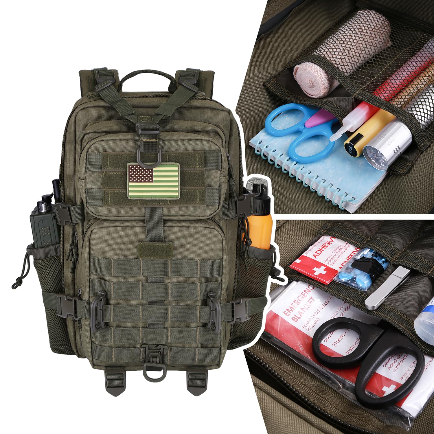 Hannibal Tactical 30L Molle Assault Pack, Tactical Backpack Military Army Camping Rucksack With Bottle Holder, 3-Day Pack, Olive