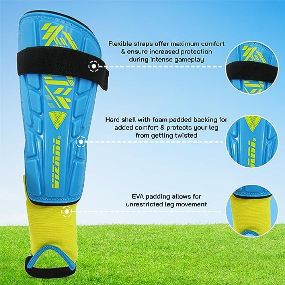 Malaga Soccer Shin Guard with Adjustable Straps-Sky/Yellow - Vizari Sports