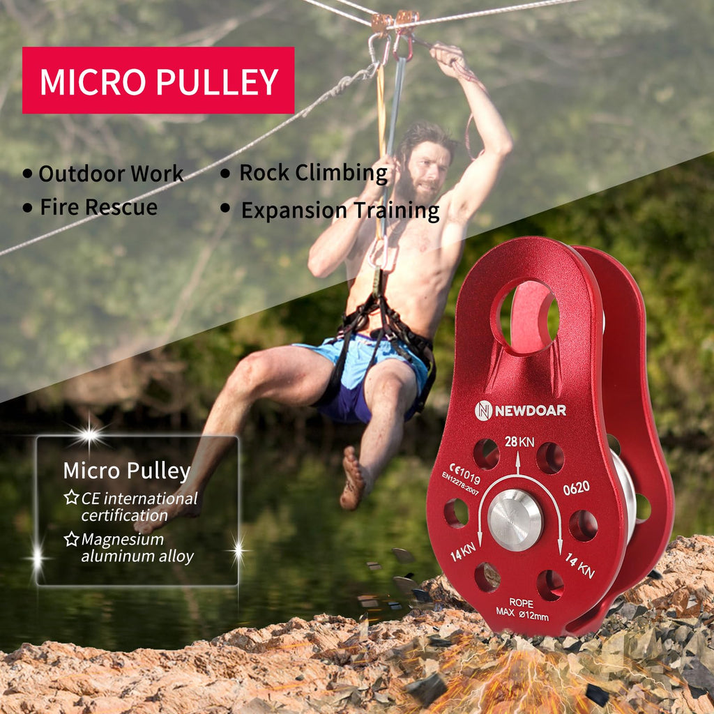 Newdoar Fixed Plate Micro Pulley,28Kn Ce Certified General Purpose Small Aluminum Rope Pulleys For Climbing/Aloft Work/Rappellin