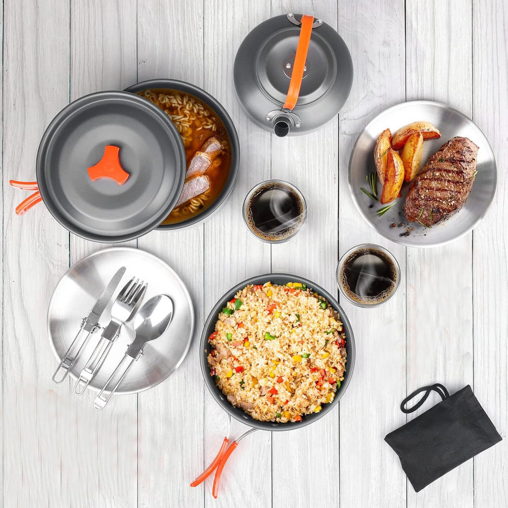 Bisgear Camping Cookware Kettle Backpacking Stove Mess Kit, Camping Pots And Pans Set With Cups Plates Utensils, Camping Kitchen