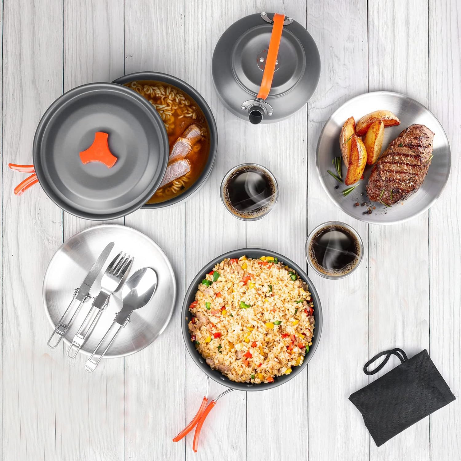 Bisgear Camping Cookware Kettle Backpacking Stove Mess Kit, Camping Pots And Pans Set With Cups Plates Utensils, Camping Kitchen