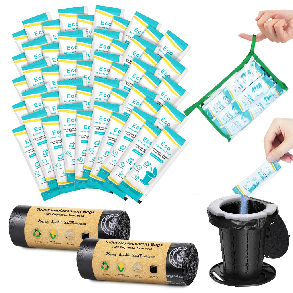Blika 50 Count Camping Toilet Bags Eco Absorbent Gel Set, Portable Toilet Bags With Gel, 8 Gallon, 30 Liter, Heavy Duty 1 Mil, T