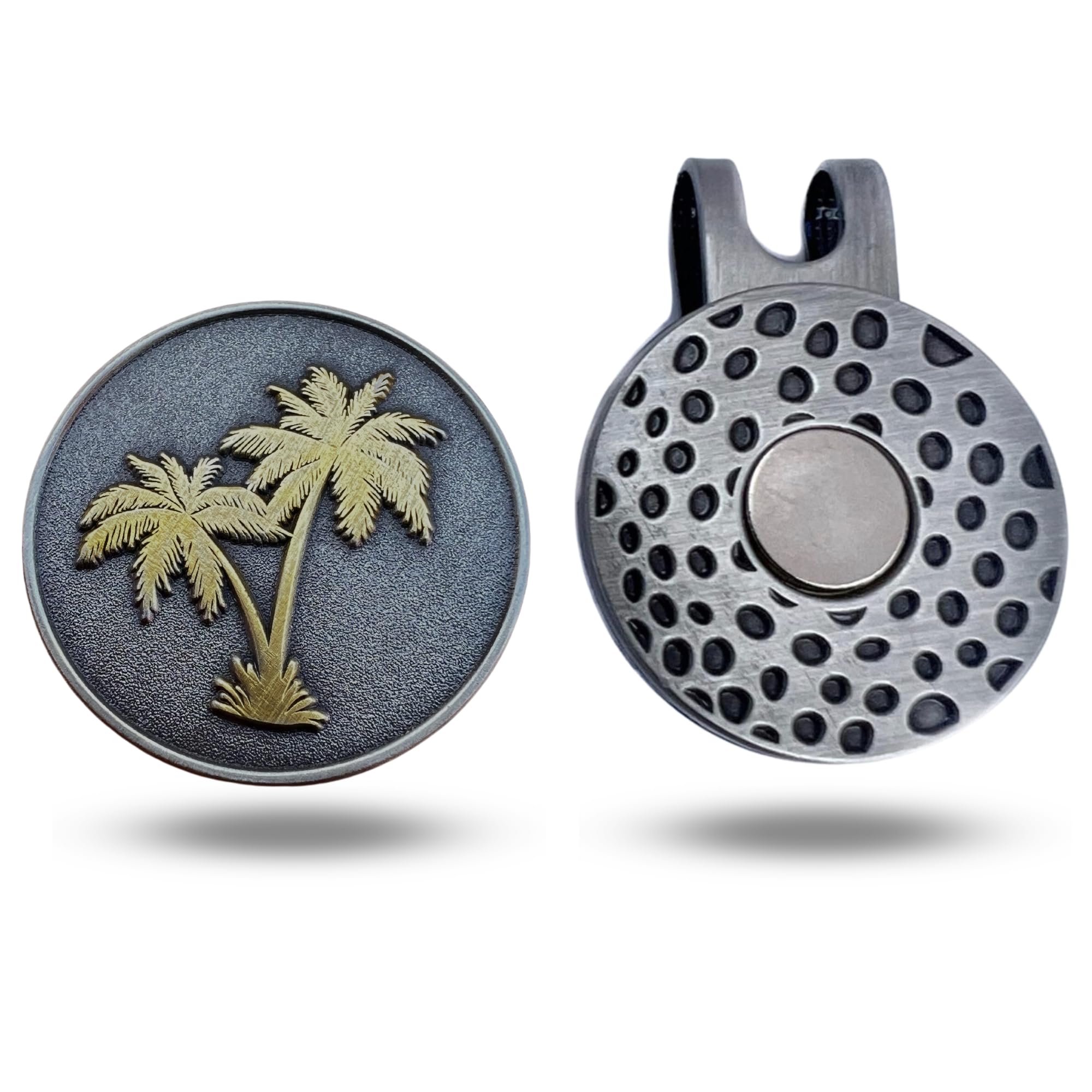 Full Metal Markers Palm Tree Unique Magnetic Metal Golf Ball Marker Accessory With Hat Clip For Men And Women (2 Ball Markers +