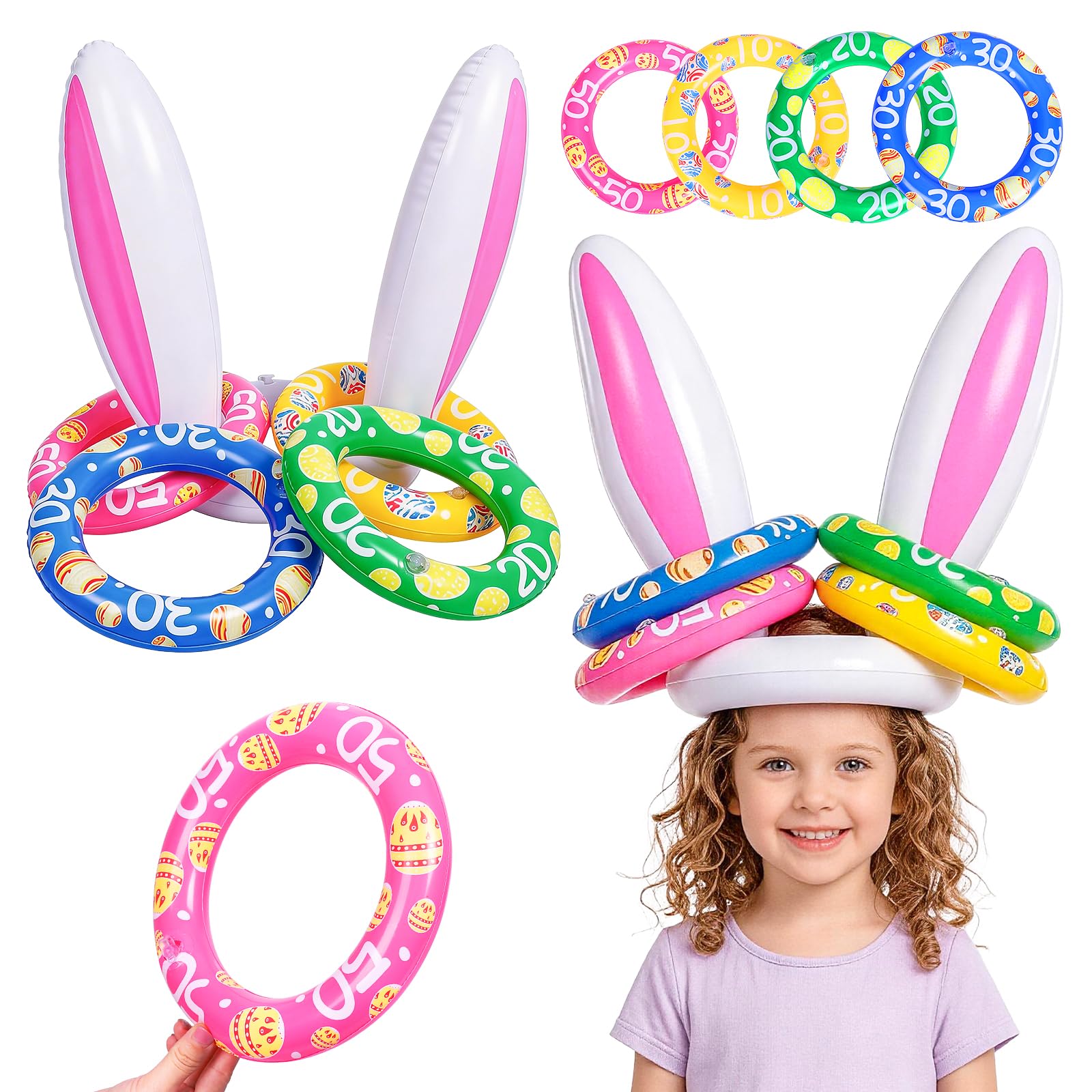 Max Fun Easter Bunny Inflatable Ring Toss Games for Kids Easter Indoor Outdoor Party Games Carnival Toss Game for Easter Party F