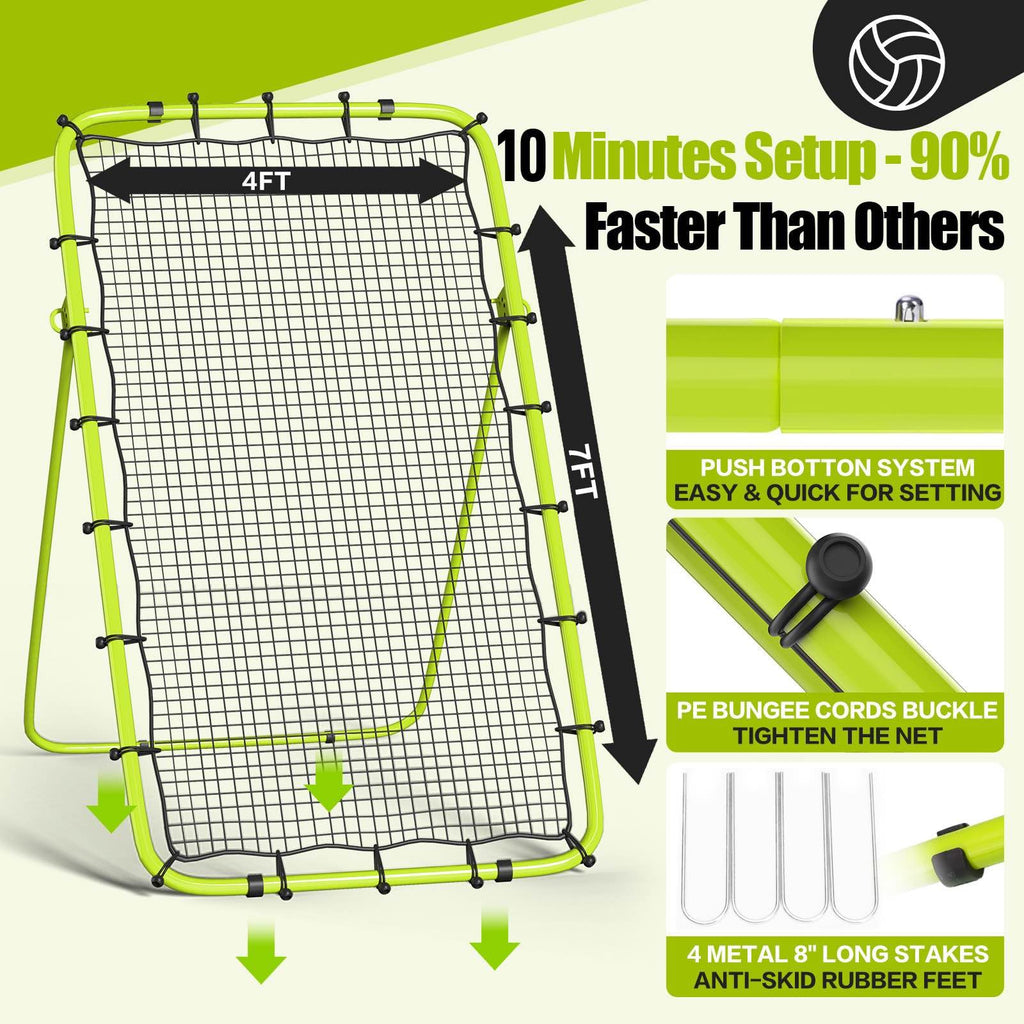 7x4 Ft Volleyball Rebounder Net with Portable Travel Bag, 5-Angle Adjustable Rebounder Net for Practicing Digging, Setting, Spik