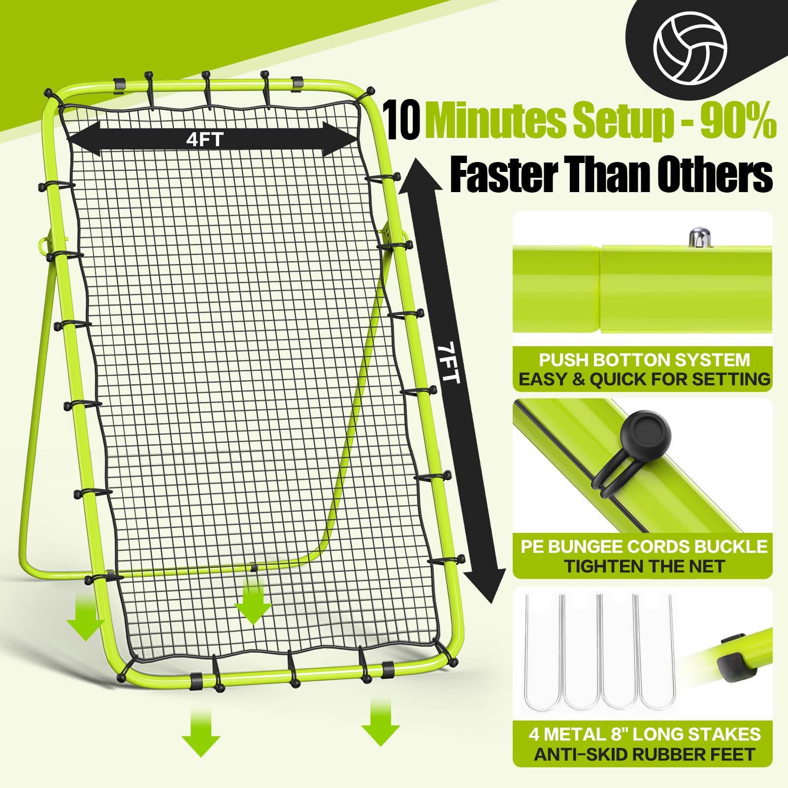 7x4 Ft Volleyball Rebounder Net with Portable Travel Bag, 5-Angle Adjustable Rebounder Net for Practicing Digging, Setting, Spik
