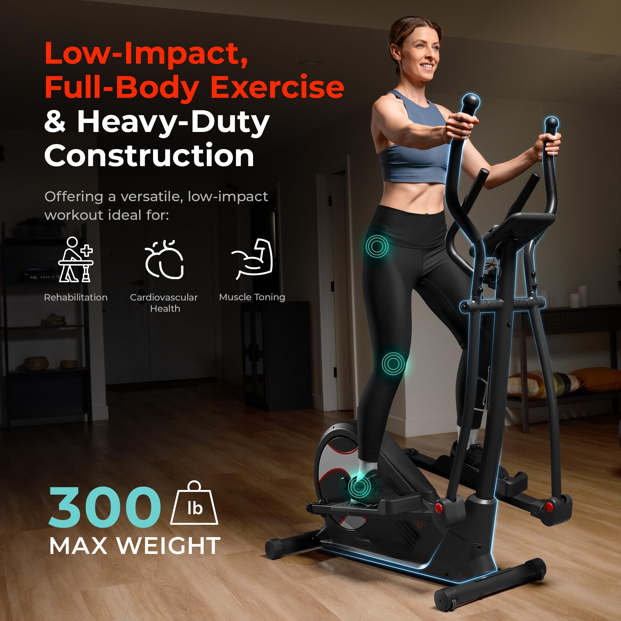 Sunny Health & Fitness Heavy-Duty Smart Elliptical Trainer, 300Lb Load Equipment For Indoor Cardio Exercise, Adjustable Resistan