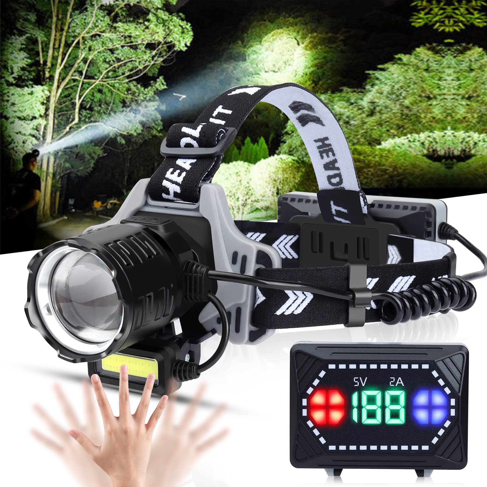 Bud K Rechargeable LED Headlamp, 6000 Lumens Super Bright Headlamp Flashlight with Motion Sensor, 8 Modes, 135Adjustable, IPX7 W