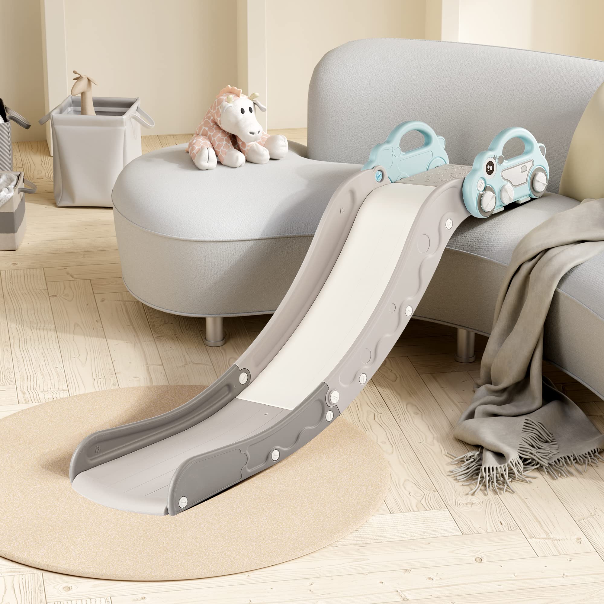 Indoor Kids Baby Couch Slide for Toddler 1-3, Sofa Slide Add-on Attachment for Bed Nugget Playgrounds, with Secure Base Guardrai