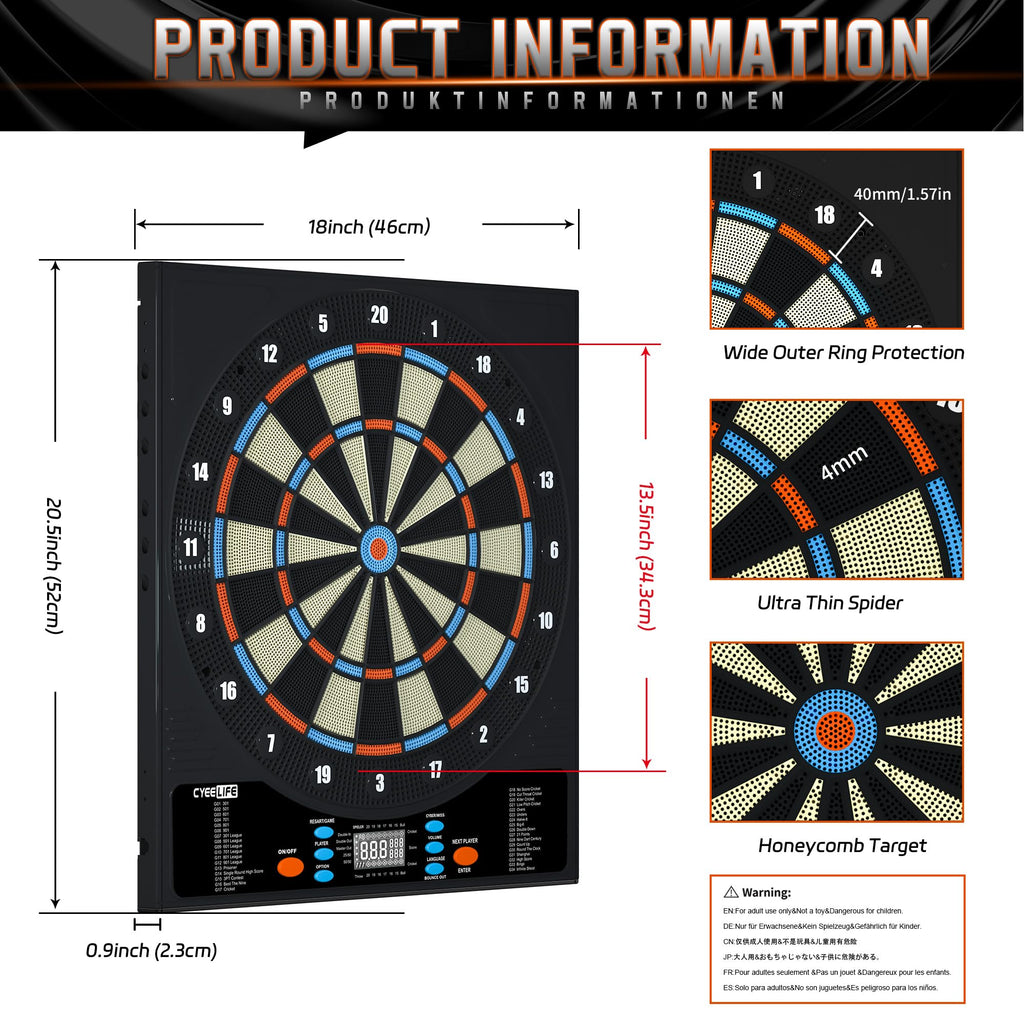 Cyeelife Electronic Dartboard&12 Soft Darts,8 Players&34 Games&255 Variations,Battery/Adapter/3 Languages Switching For Professi