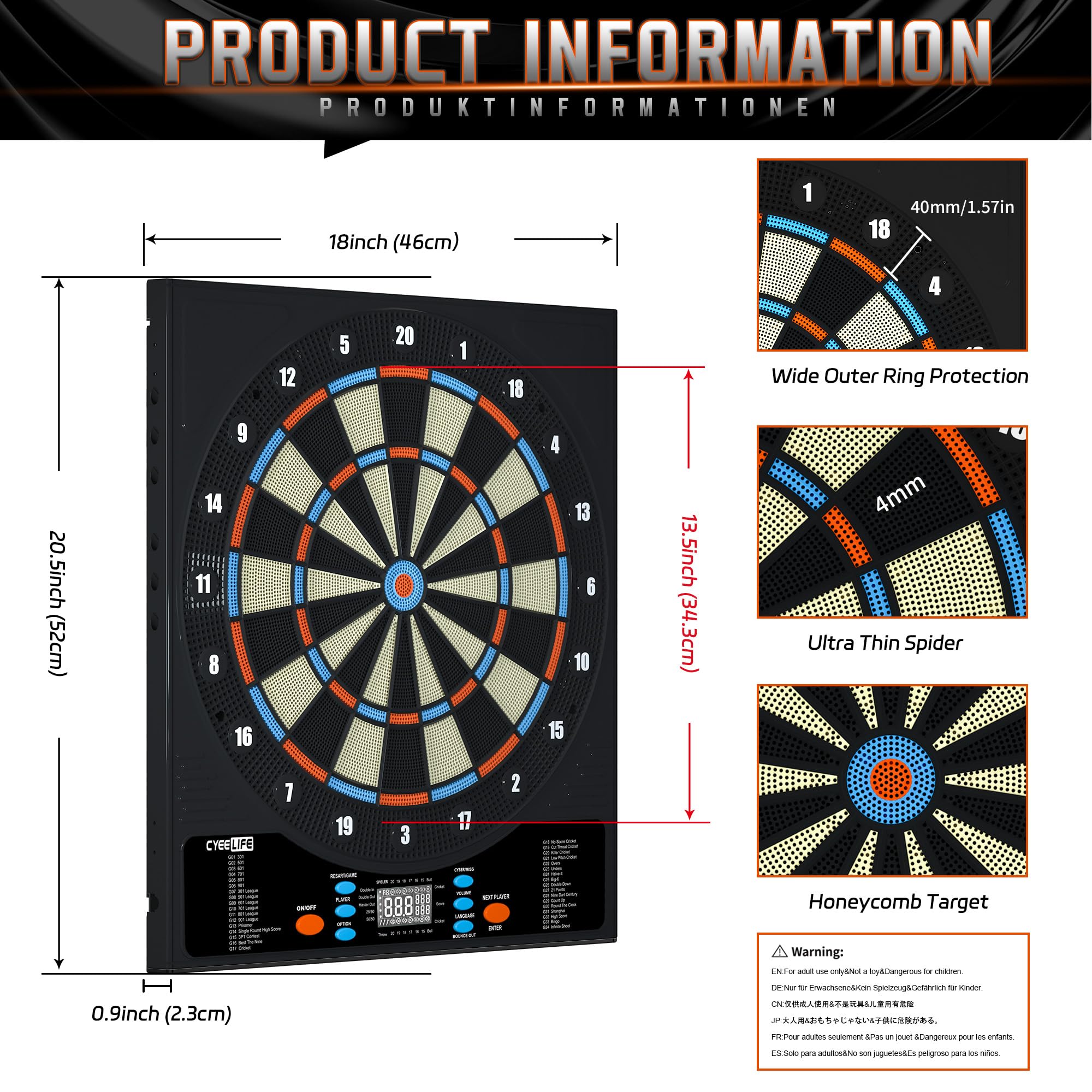 Cyeelife Electronic Dartboard&12 Soft Darts,8 Players&34 Games&255 Variations,Battery/Adapter/3 Languages Switching For Professi