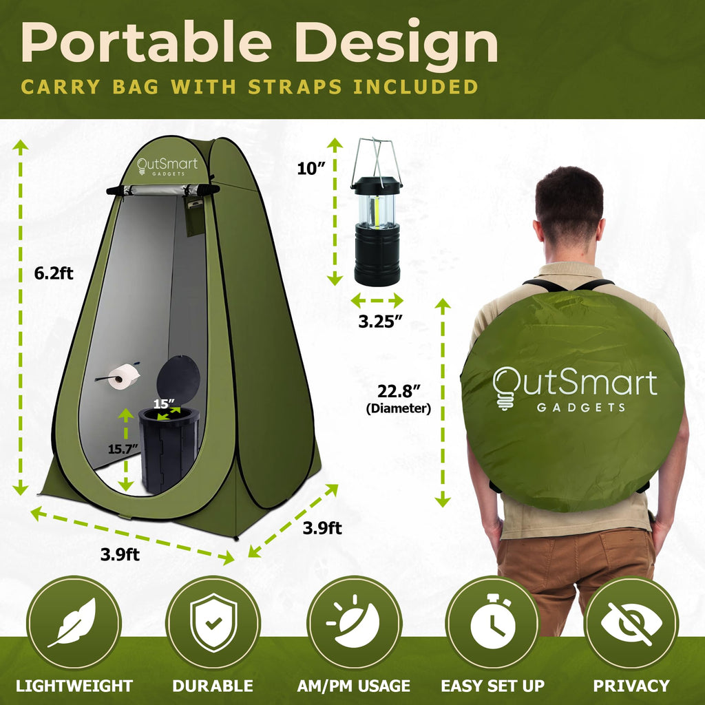 Outsmart Gadgets Portable Toilet Kit For Adults With Camping Night Lantern, Folding Xl Toilet Seat, Pop Up Privacy Tent And Carr