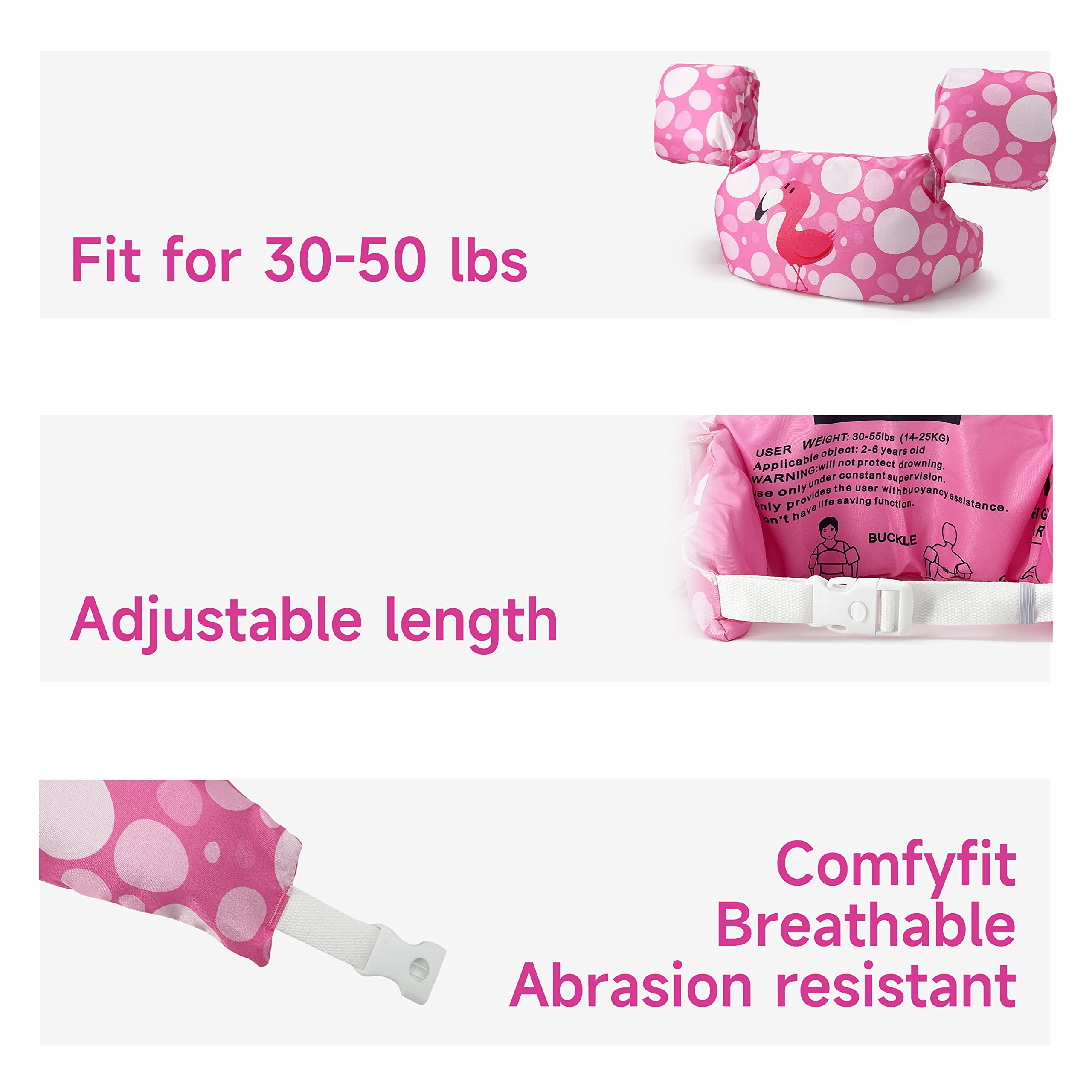 Silfrae Swim Vest Swim Floatation Vest Learn-To-Swim Device For Kids 30-50 Lbs (Pink Flamingo)