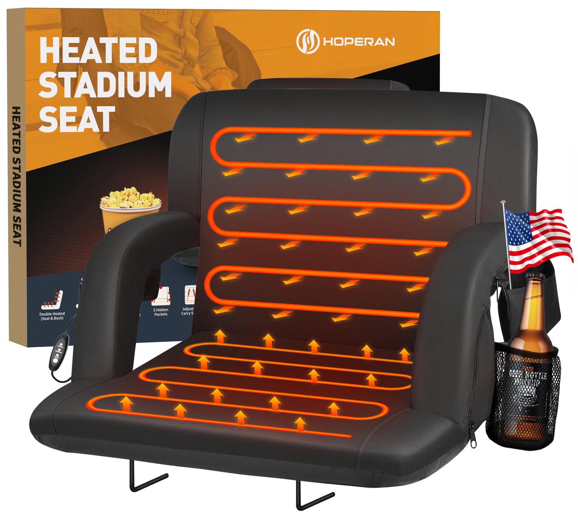 HOPERAN Double Heated Stadium Seats for Bleachers with Back Support 21 Wide Cushion, Extra Portable Bleacher Seat Foldable Stadi